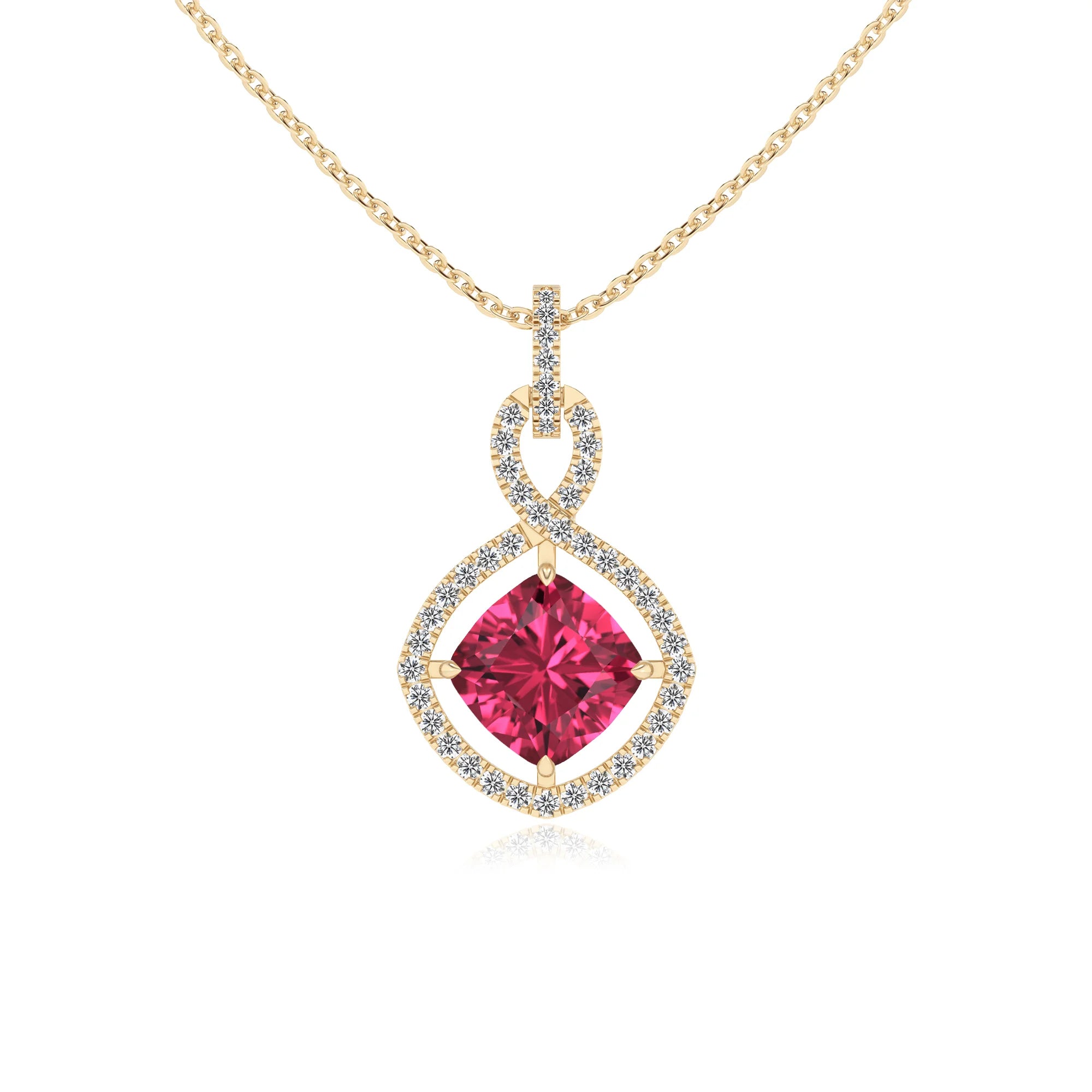 lab grown pink-tourmaline cushion infinity necklaces in yellow gold
