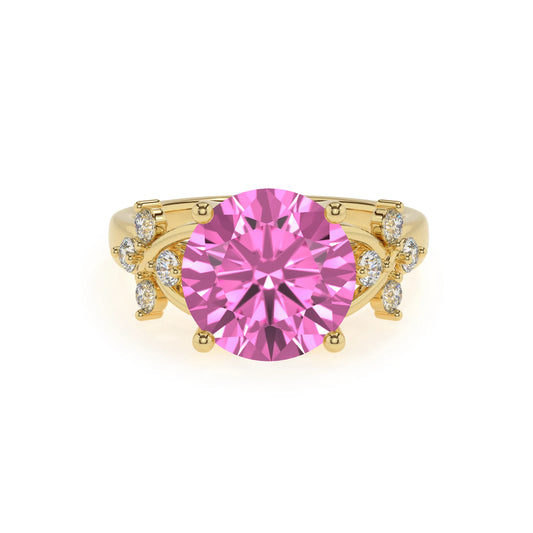 lab grown pink-sapphire round solitaire rings in yellow gold