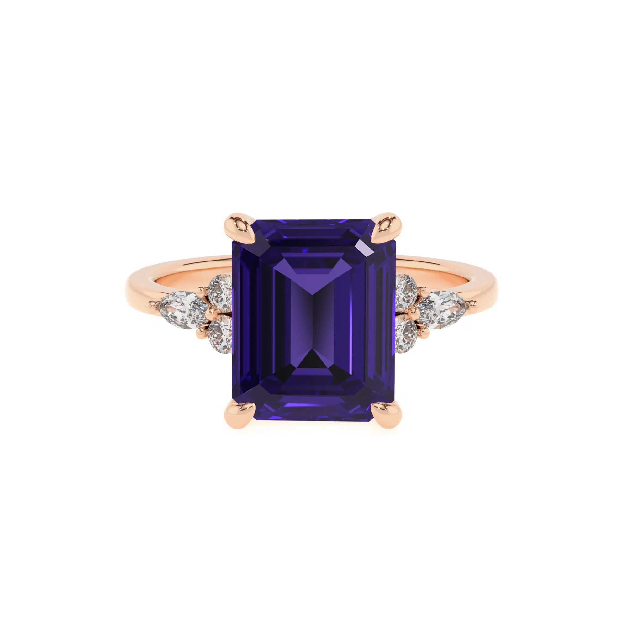 lab grown tanzanite emerald cut solitaire rings in rose gold