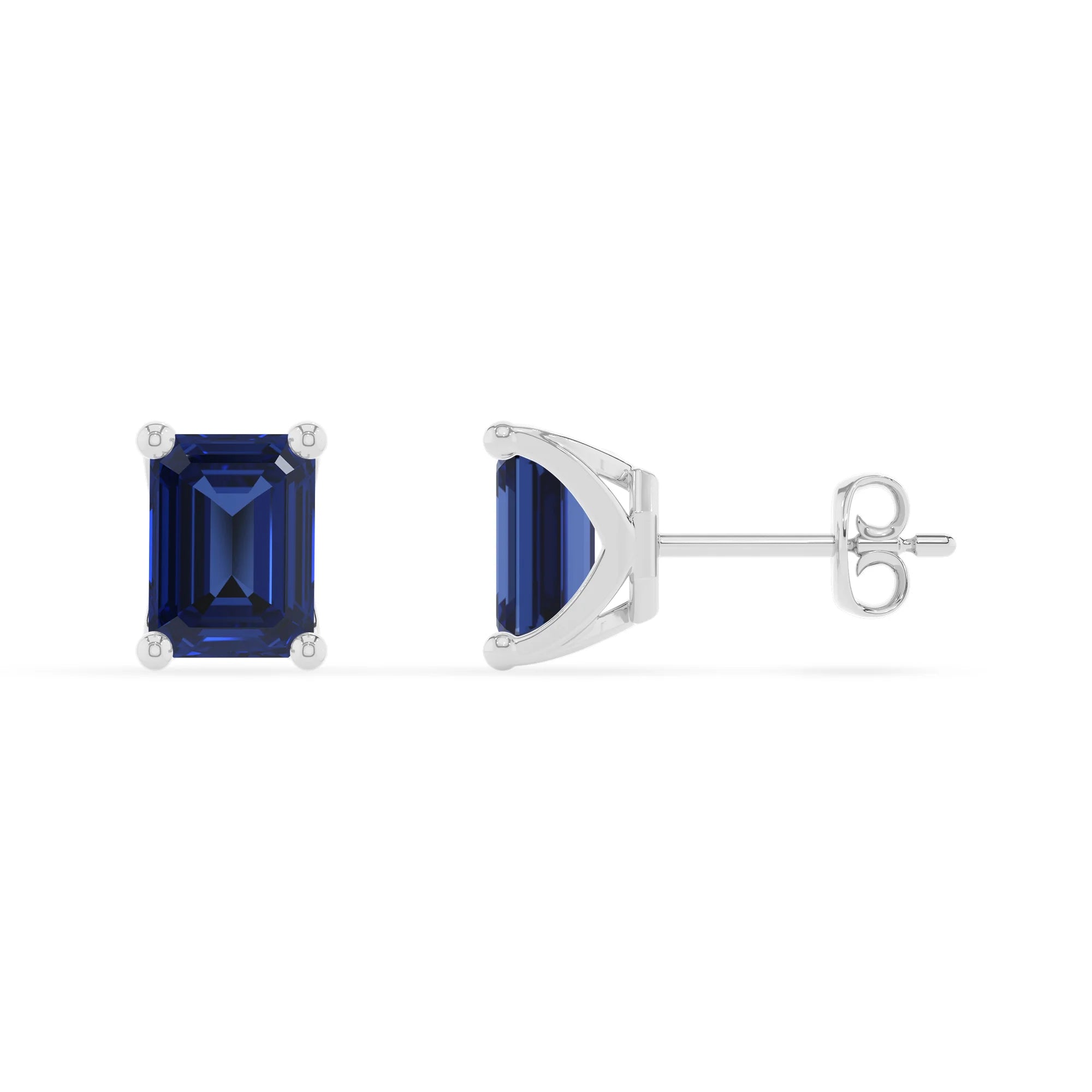 lab grown blue sapphire emerald cut stud earrings in sterling silver