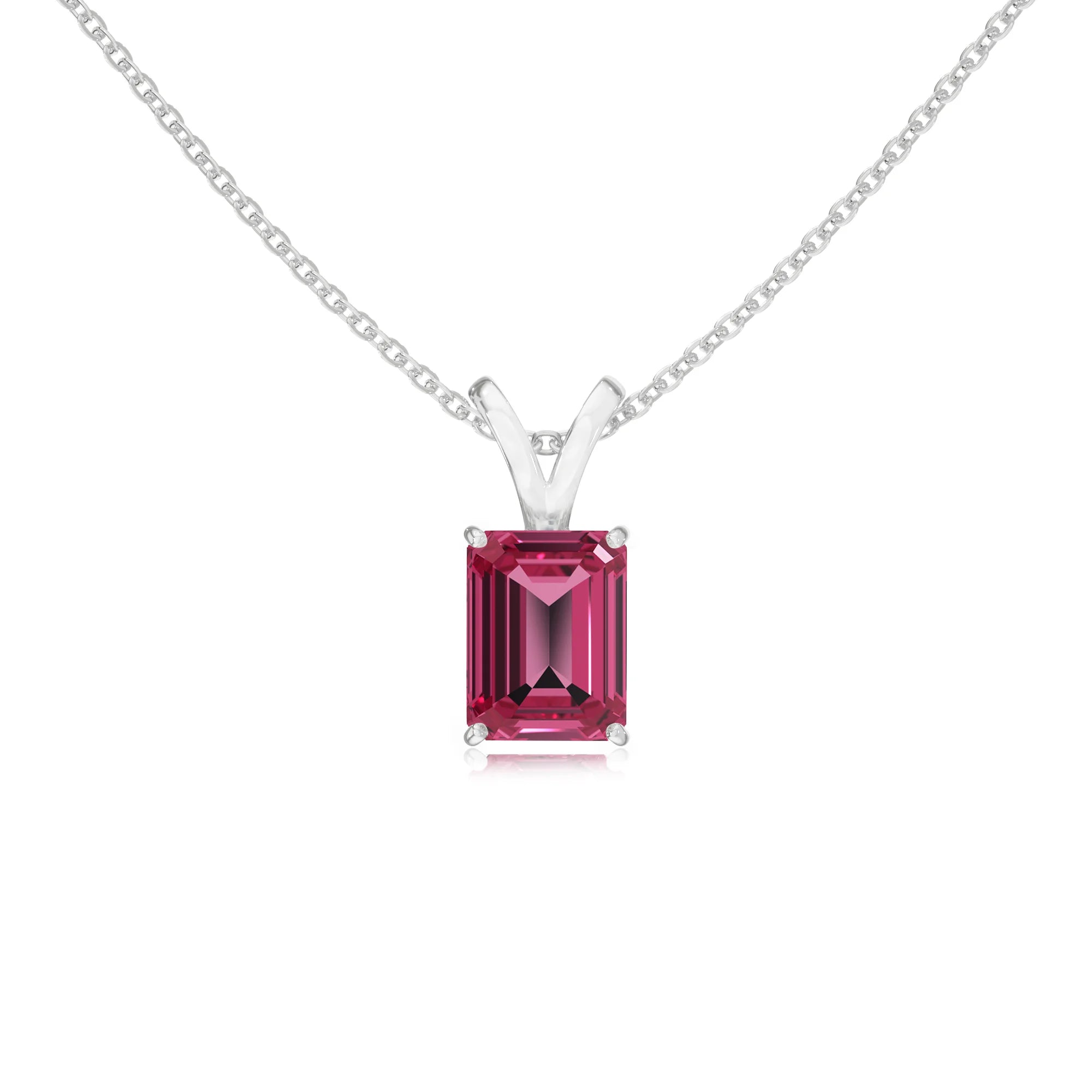 lab grown pink-tourmaline emerald cut solitaire v-bale necklaces in white gold
