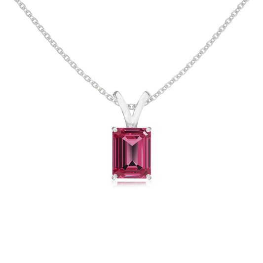 lab grown pink-tourmaline emerald cut solitaire v-bale necklaces in white gold