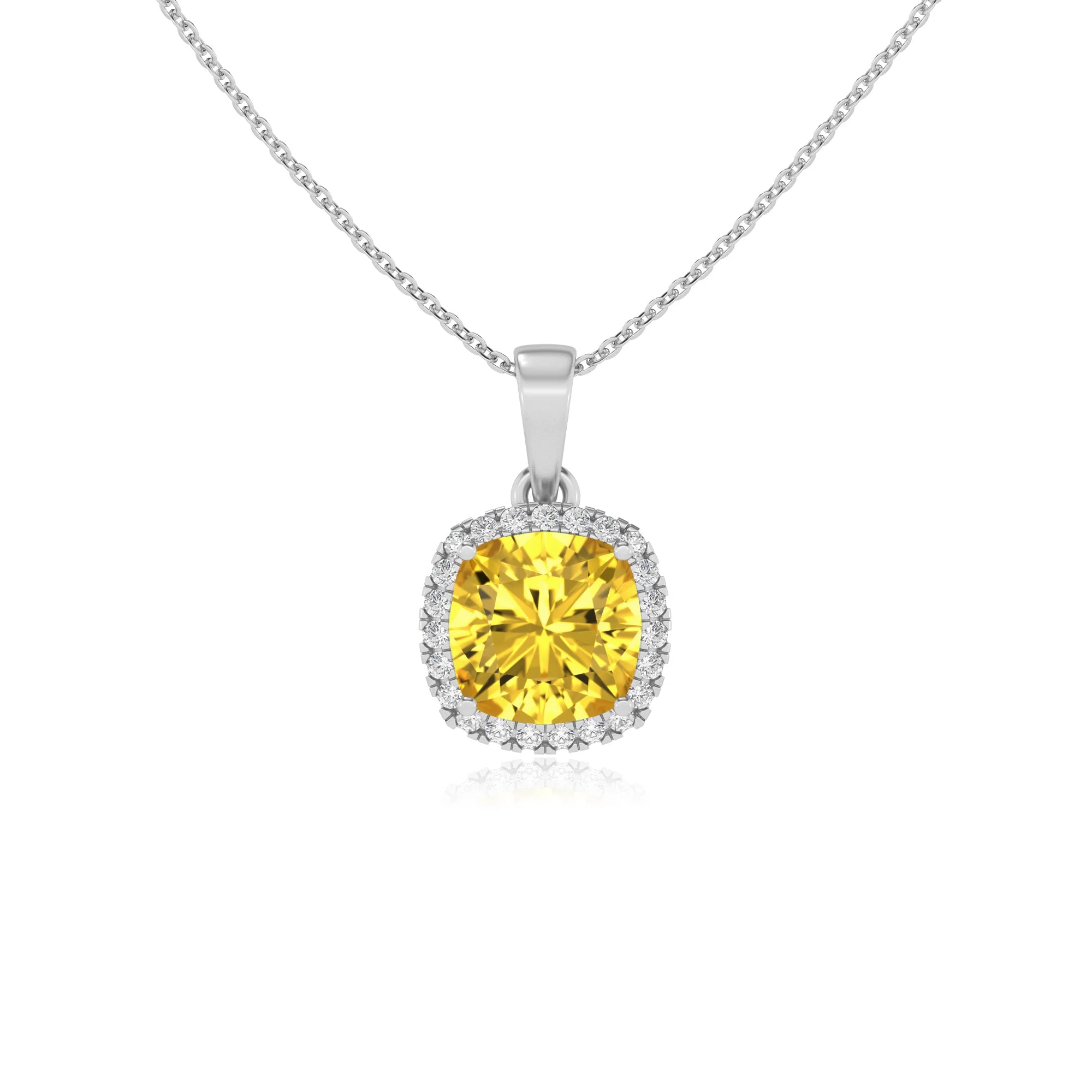 lab grown yellow-sapphire cushion solitaire necklaces in white gold