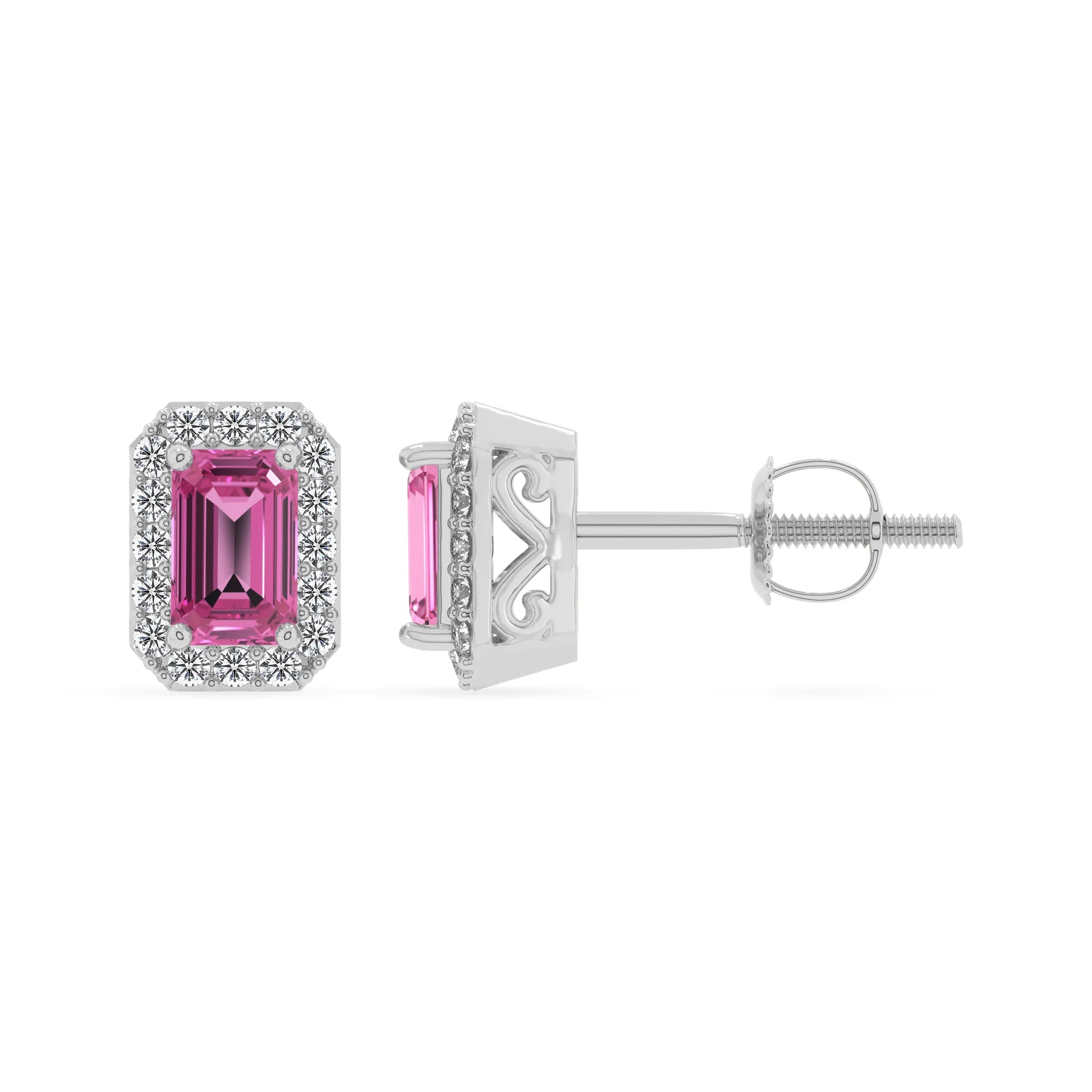 lab grown pink sapphire emerald cut stud earrings in sterling silver