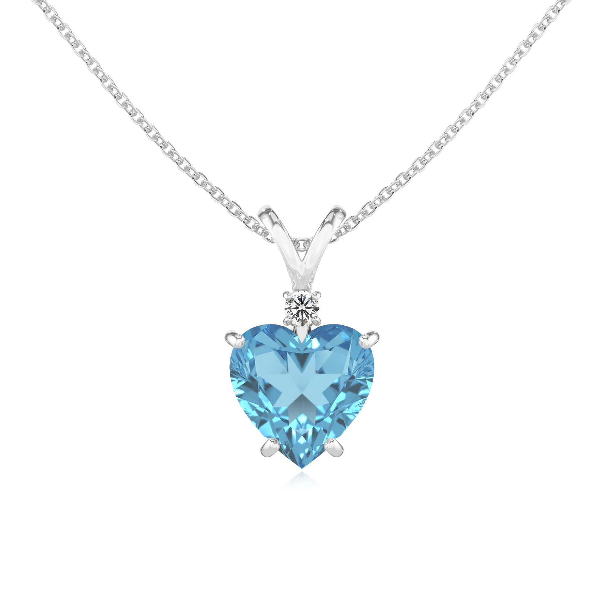 natural swiss-blue-topaz heart solitaire v-bale necklaces in platinum