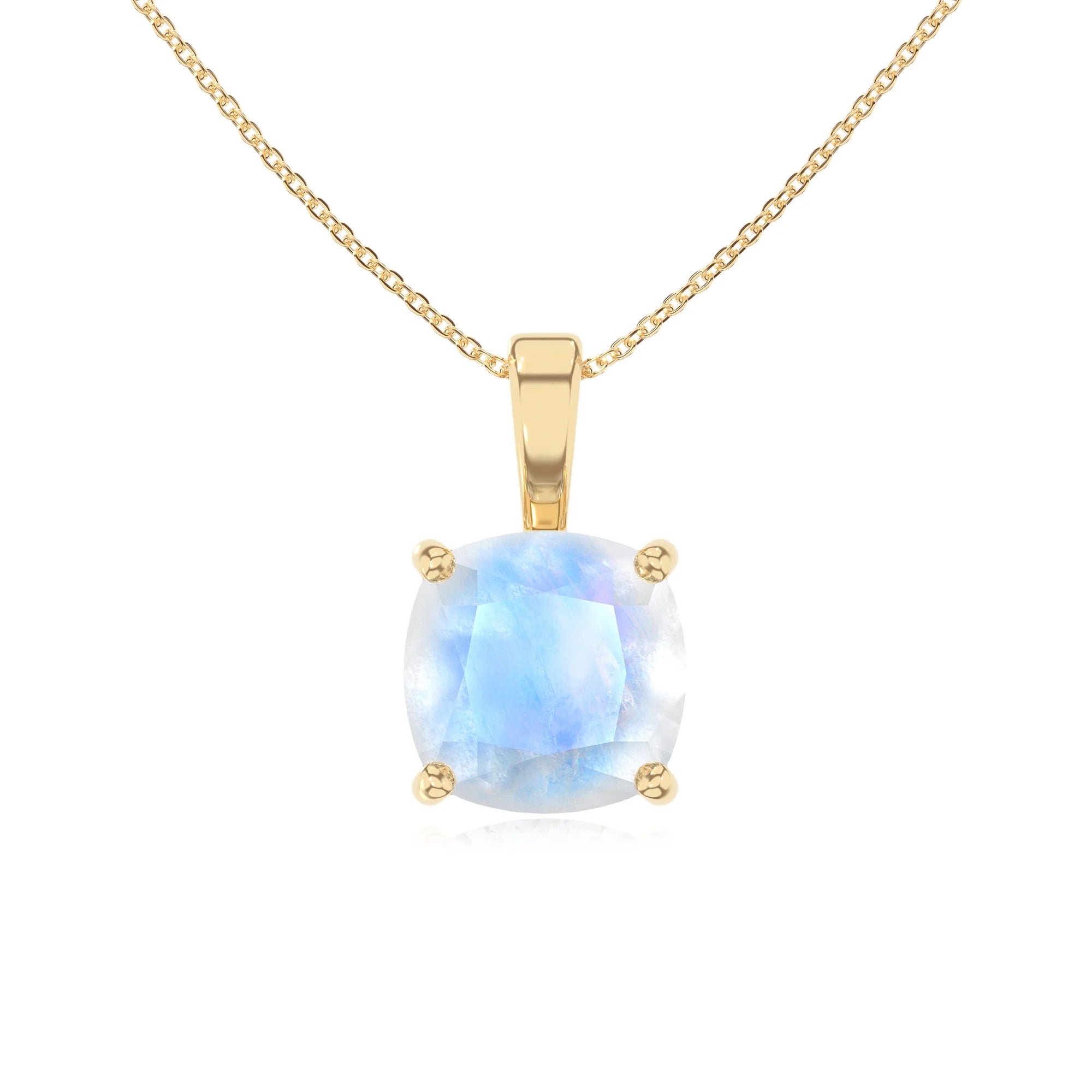 natural rainbow-moonstone cushion solitaire necklaces in yellow gold