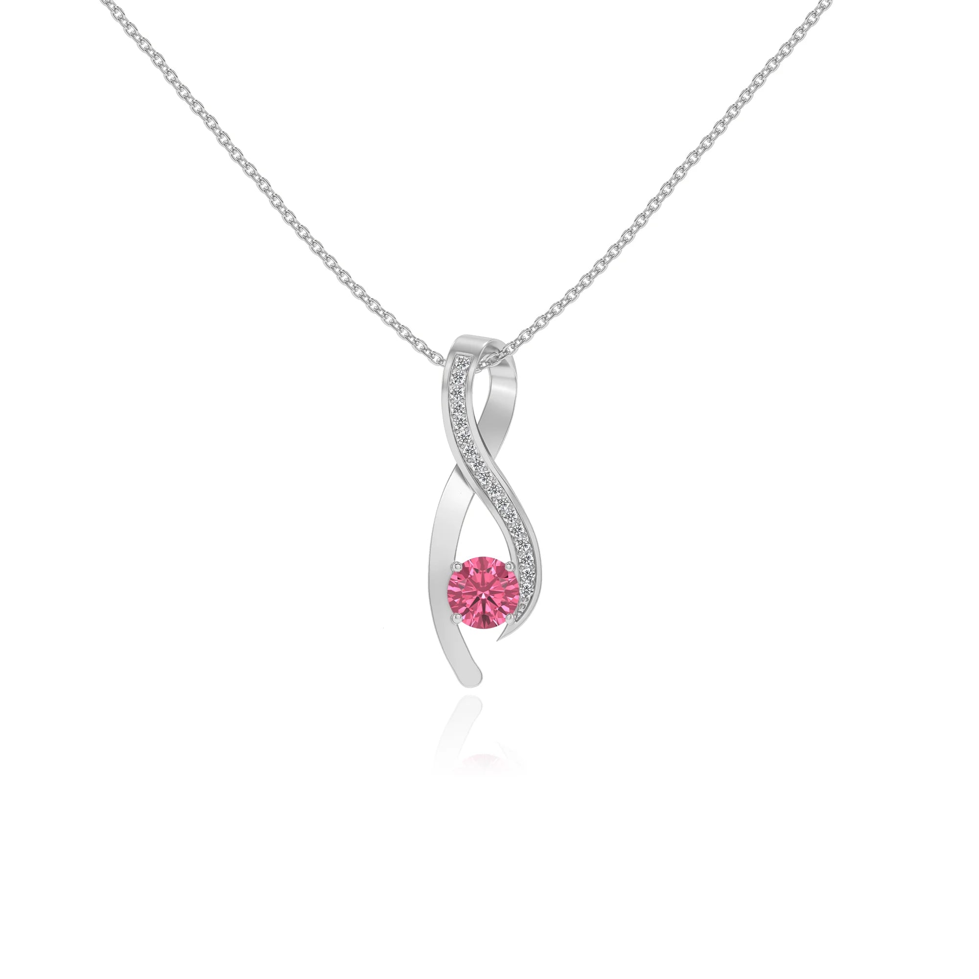 lab grown pink-tourmaline round solitaire necklaces in white gold