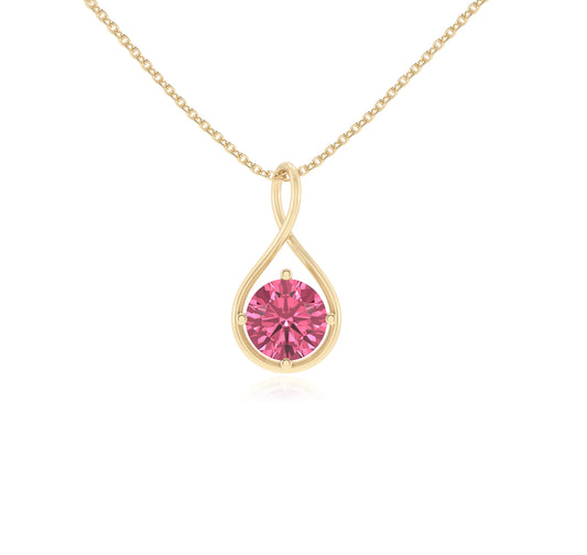 lab grown pink-tourmaline round solitaire necklaces in yellow gold