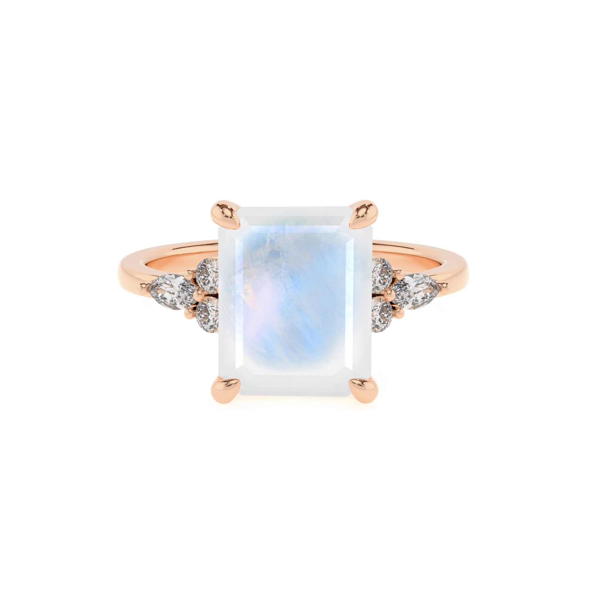 natural rainbow-moonstone emerald cut solitaire rings in rose gold