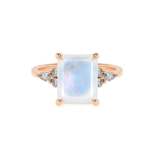 natural rainbow-moonstone emerald cut solitaire rings in rose gold