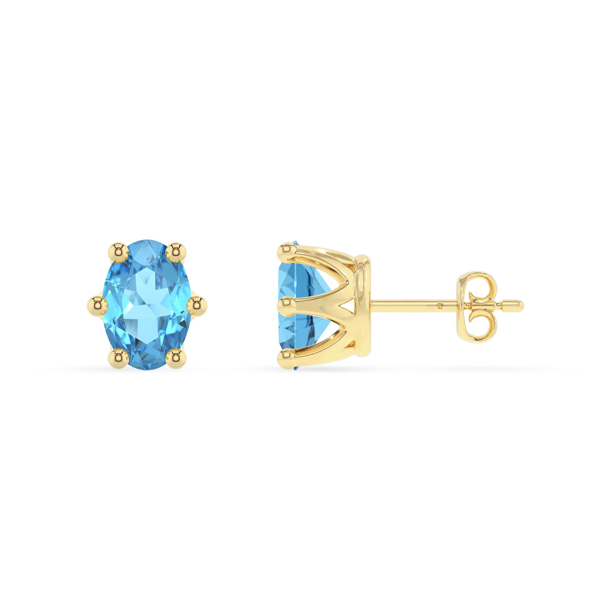 natural swiss blue topaz oval stud earrings in yellow gold