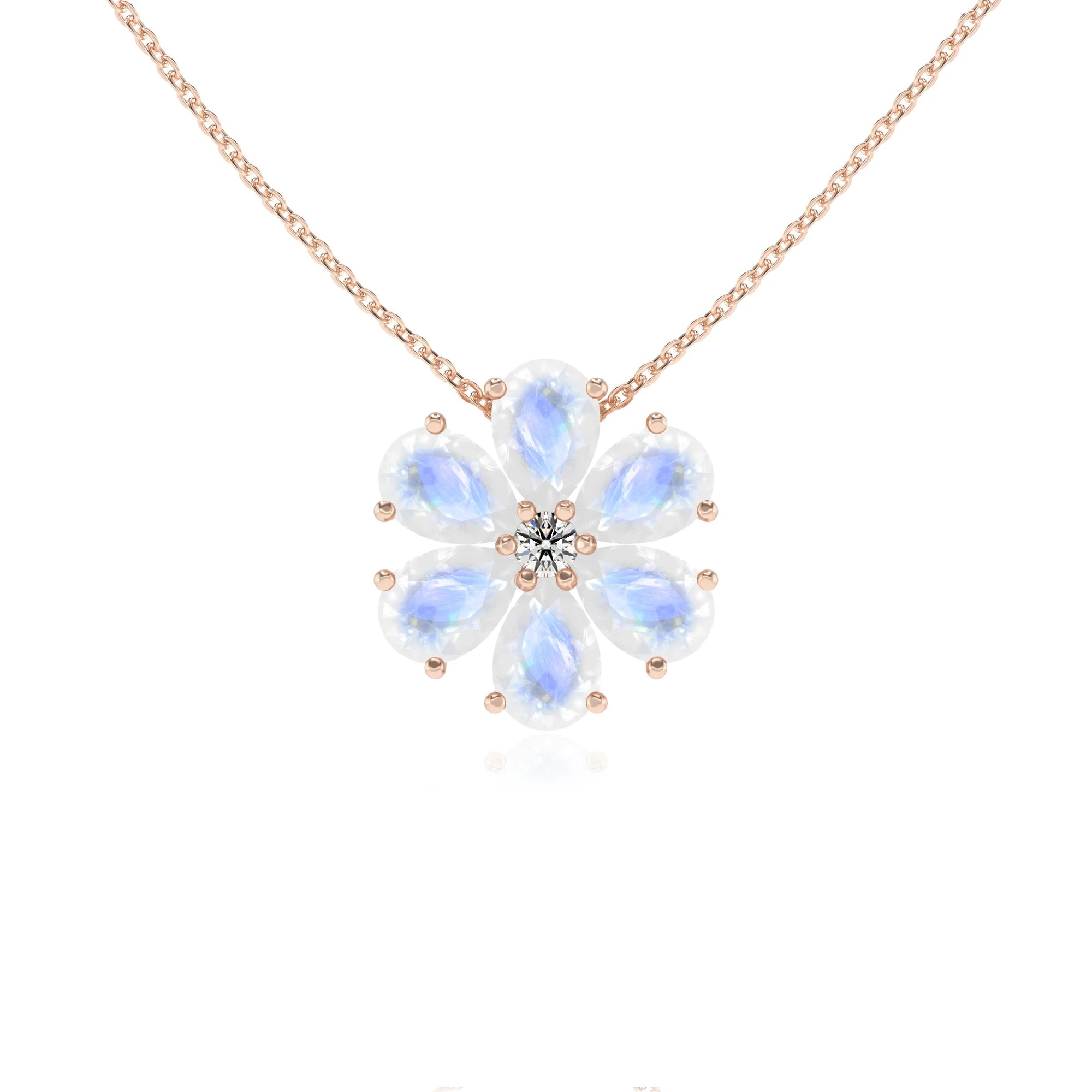 natural rainbow-moonstone pear solitaire necklaces in rose gold