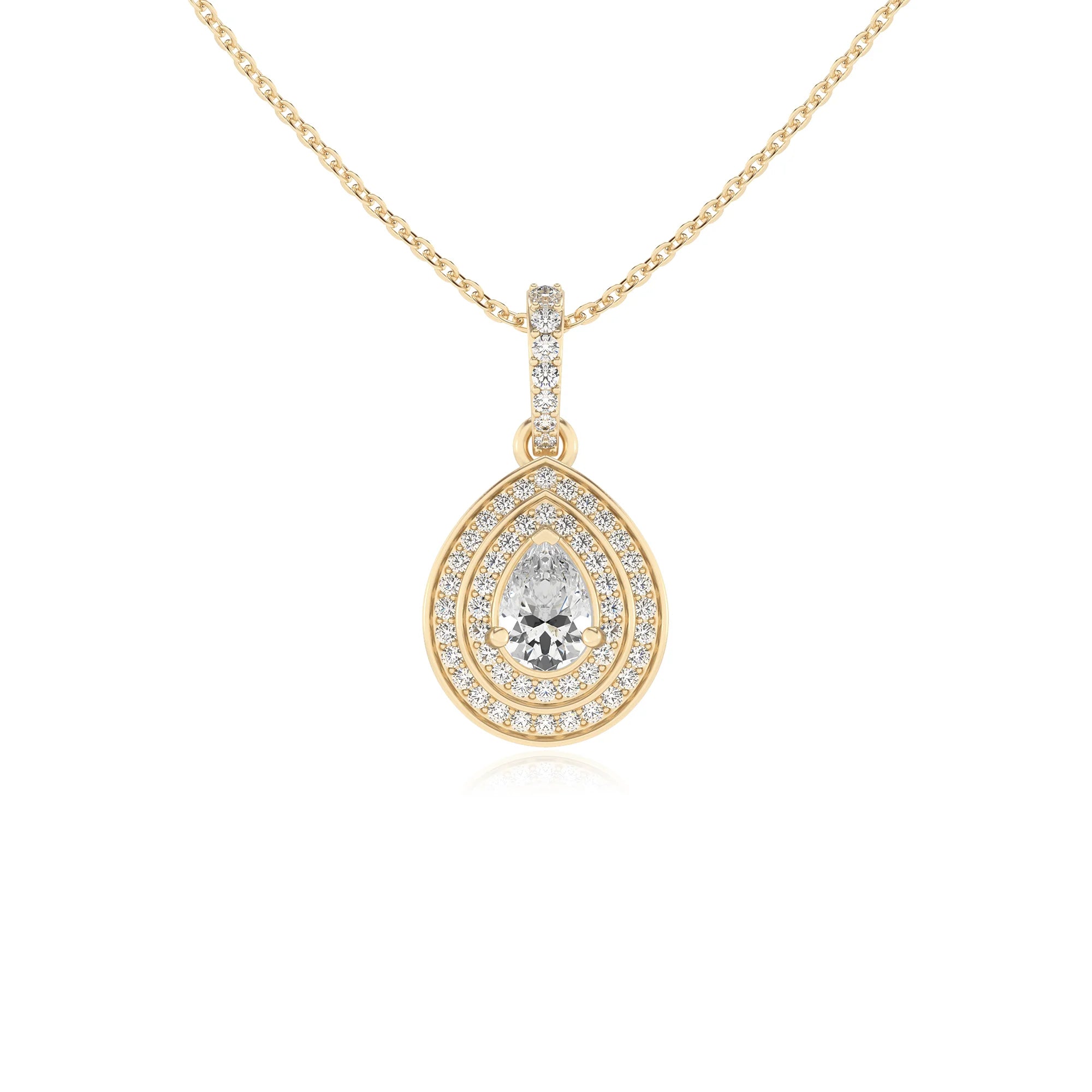 lab grown moissanite pear halo necklaces in yellow gold