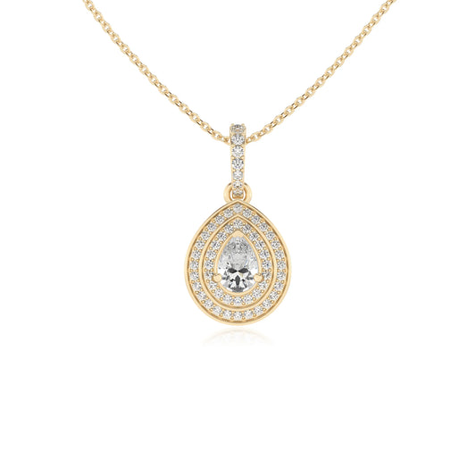 lab grown moissanite pear halo necklaces in yellow gold