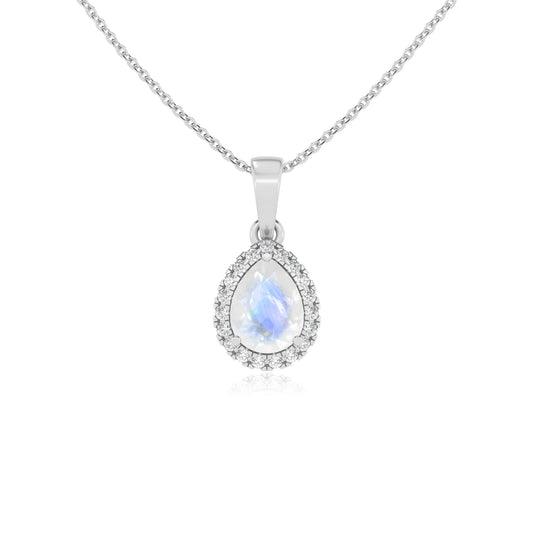natural rainbow-moonstone pear solitaire necklaces in white gold