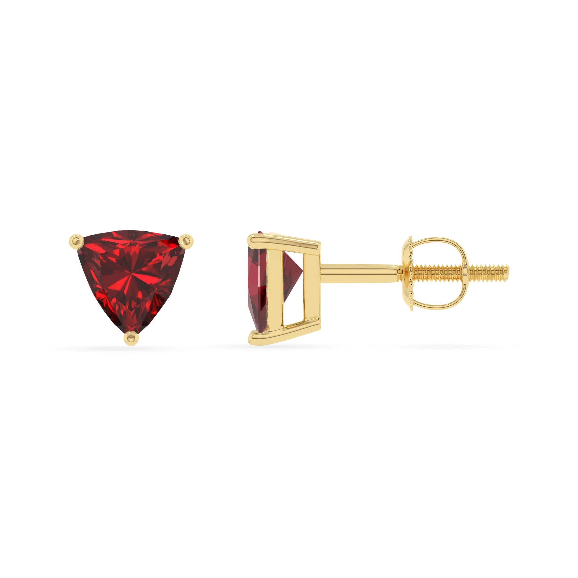 lab grown ruby trillion stud earrings in yellow gold