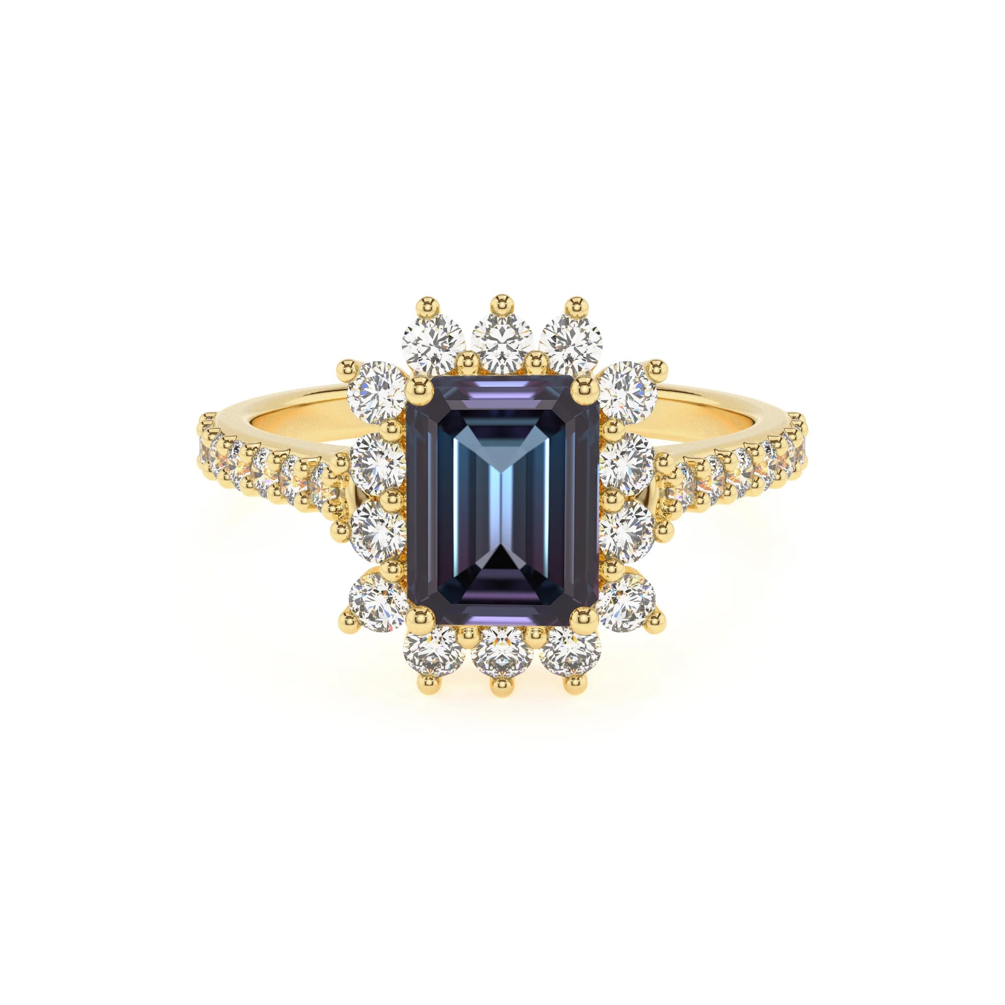 lab grown alexandrite emerald cut solitaire rings in yellow gold