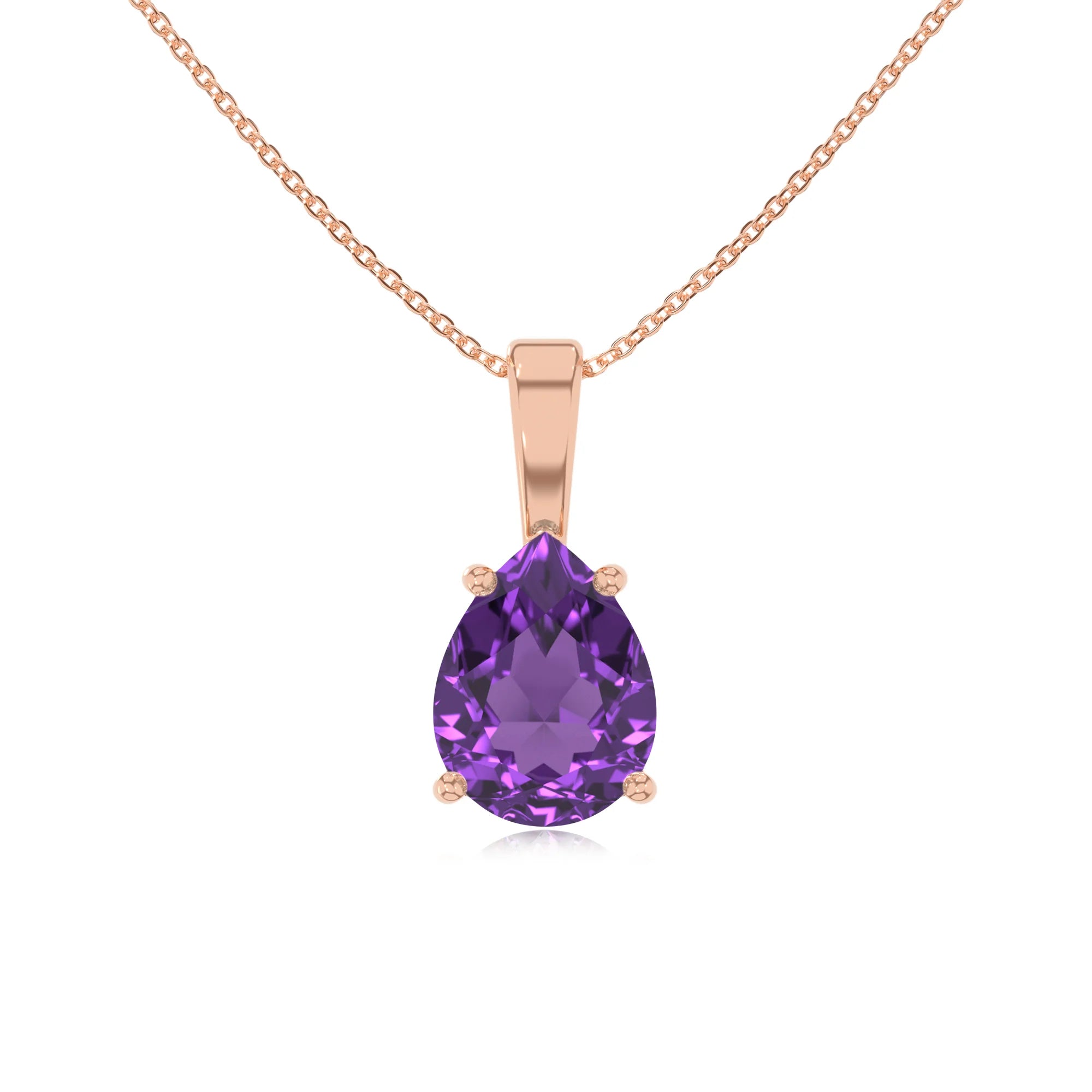 lab grown amethyst pear solitaire necklaces in rose gold
