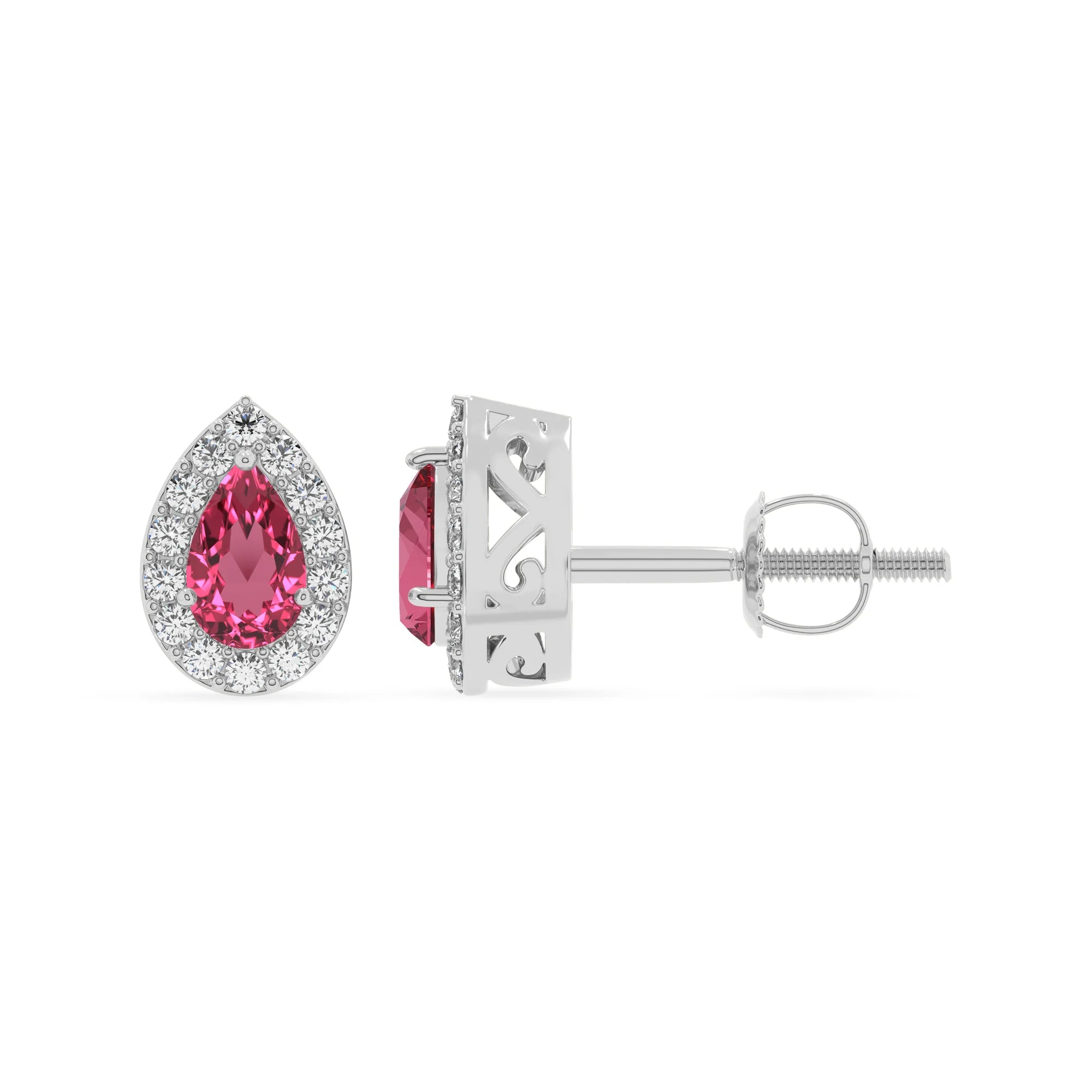 lab grown pink tourmaline pear stud earrings in white gold