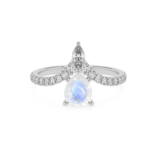 natural rainbow-moonstone pear solitaire rings in white gold