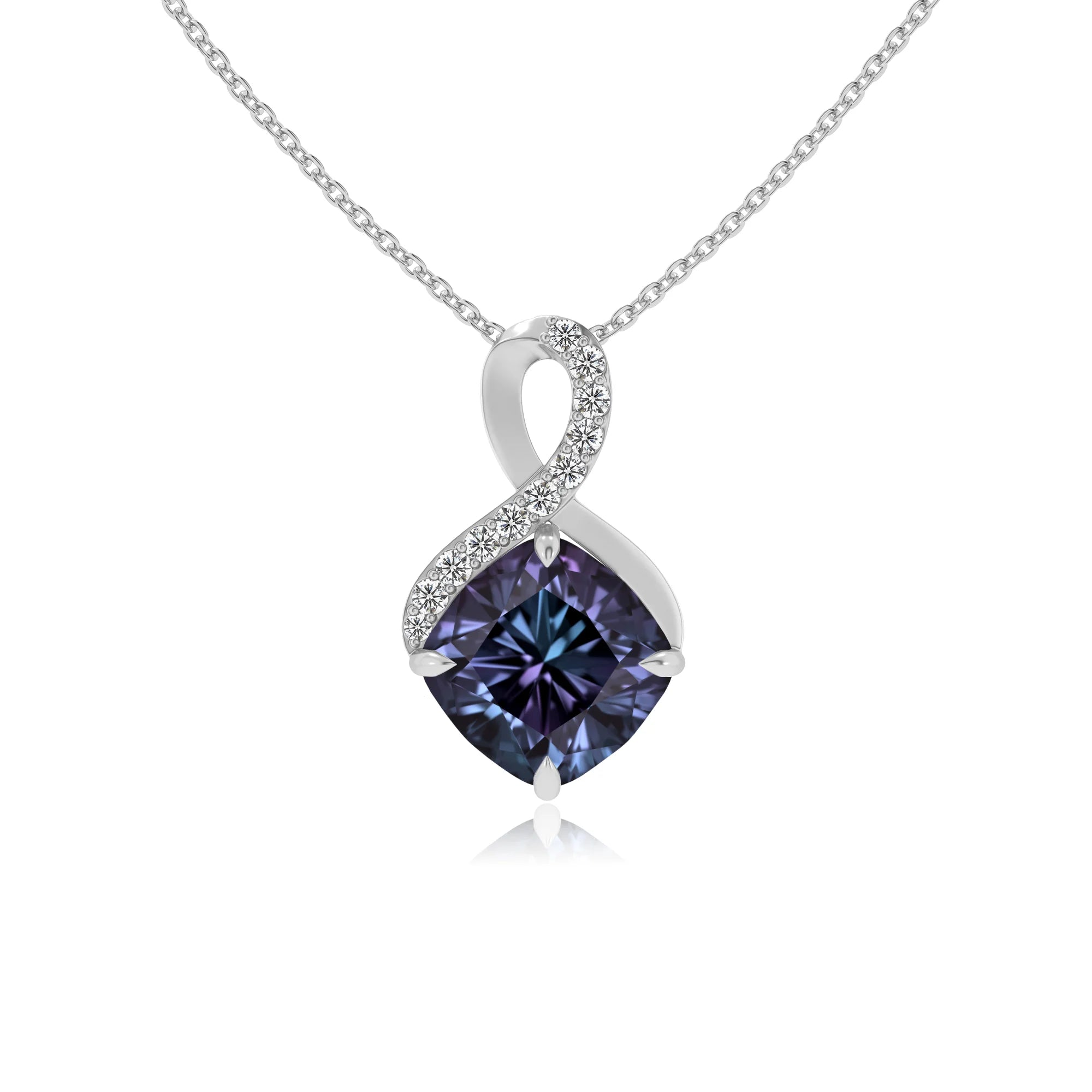 lab grown alexandrite cushion infinity necklaces in platinum
