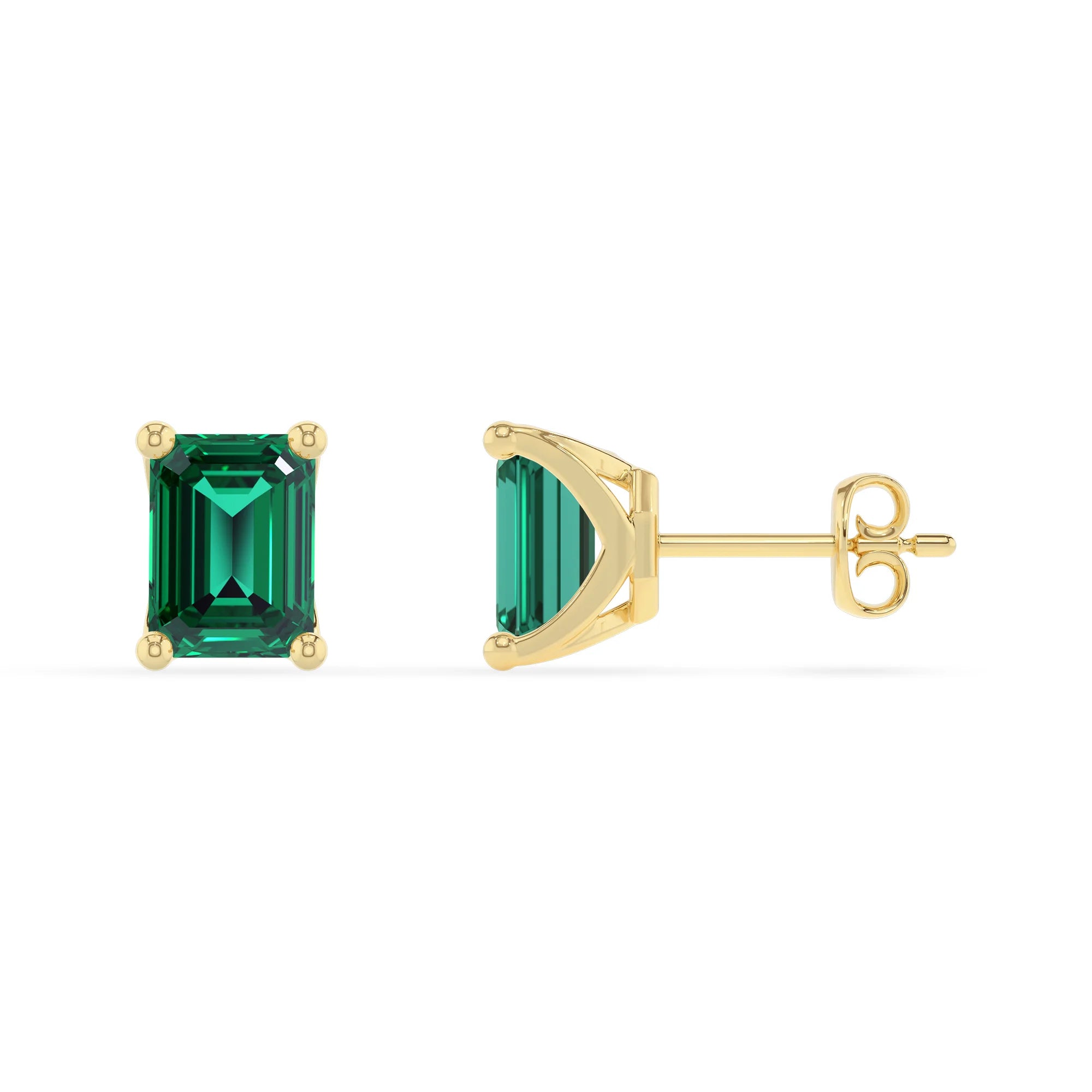 lab grown emerald octogon cut stud earrings in yellow gold