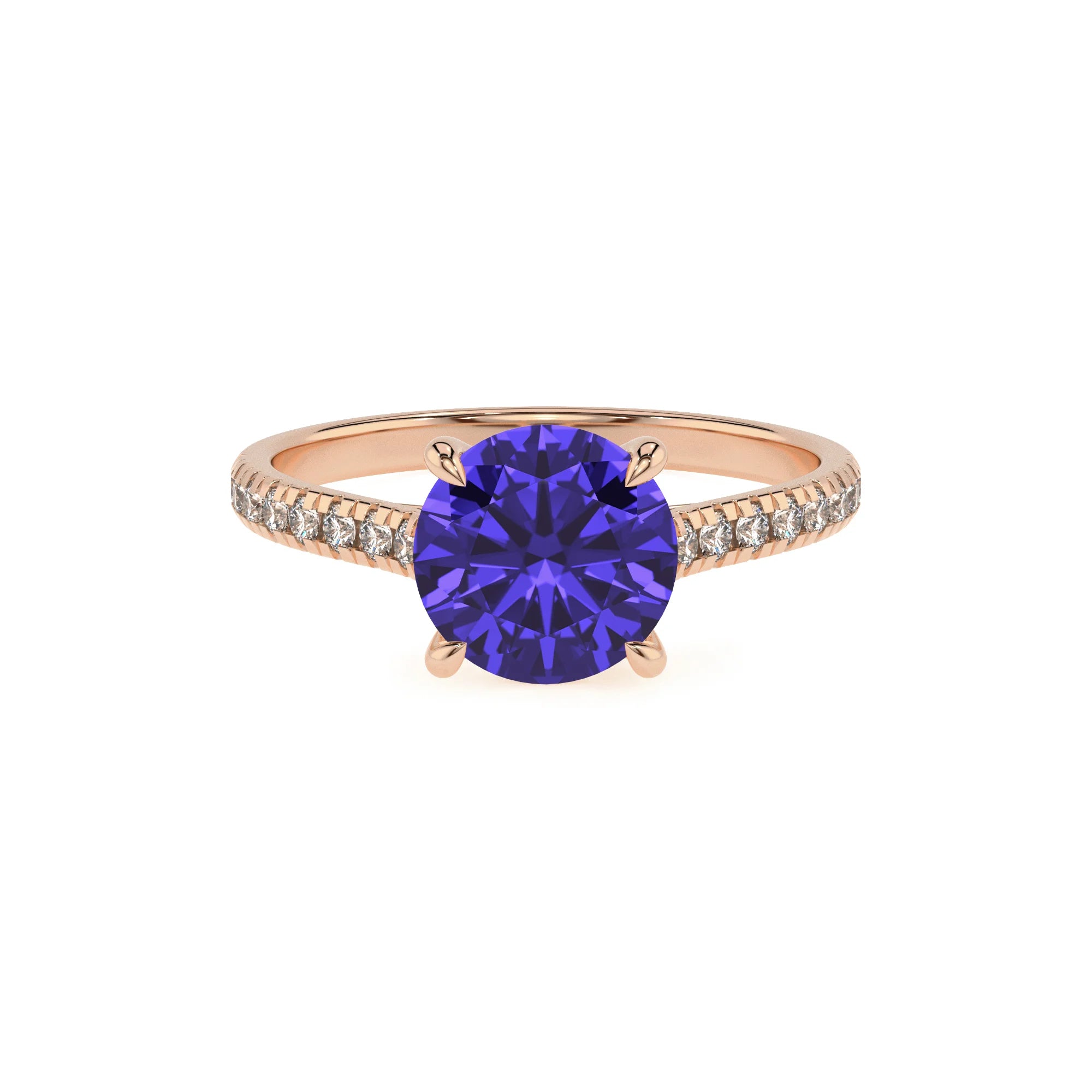 lab grown tanzanite round half eternity solitaire engagement rings in rose gold