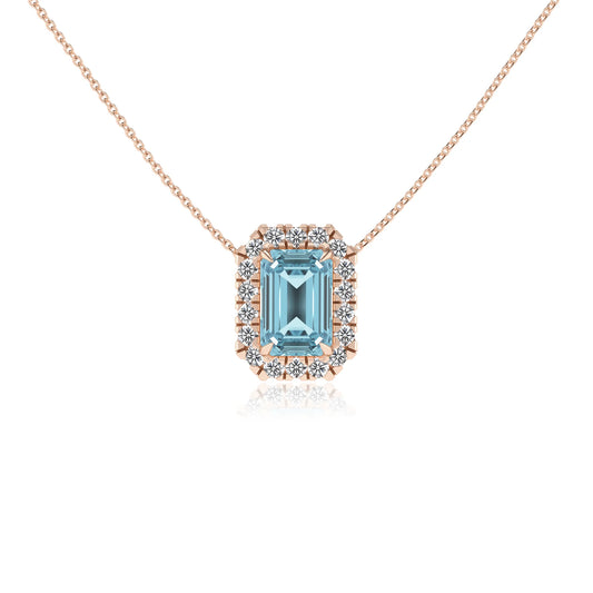 lab grown aquamarine emerald cut solitaire necklaces in rose gold