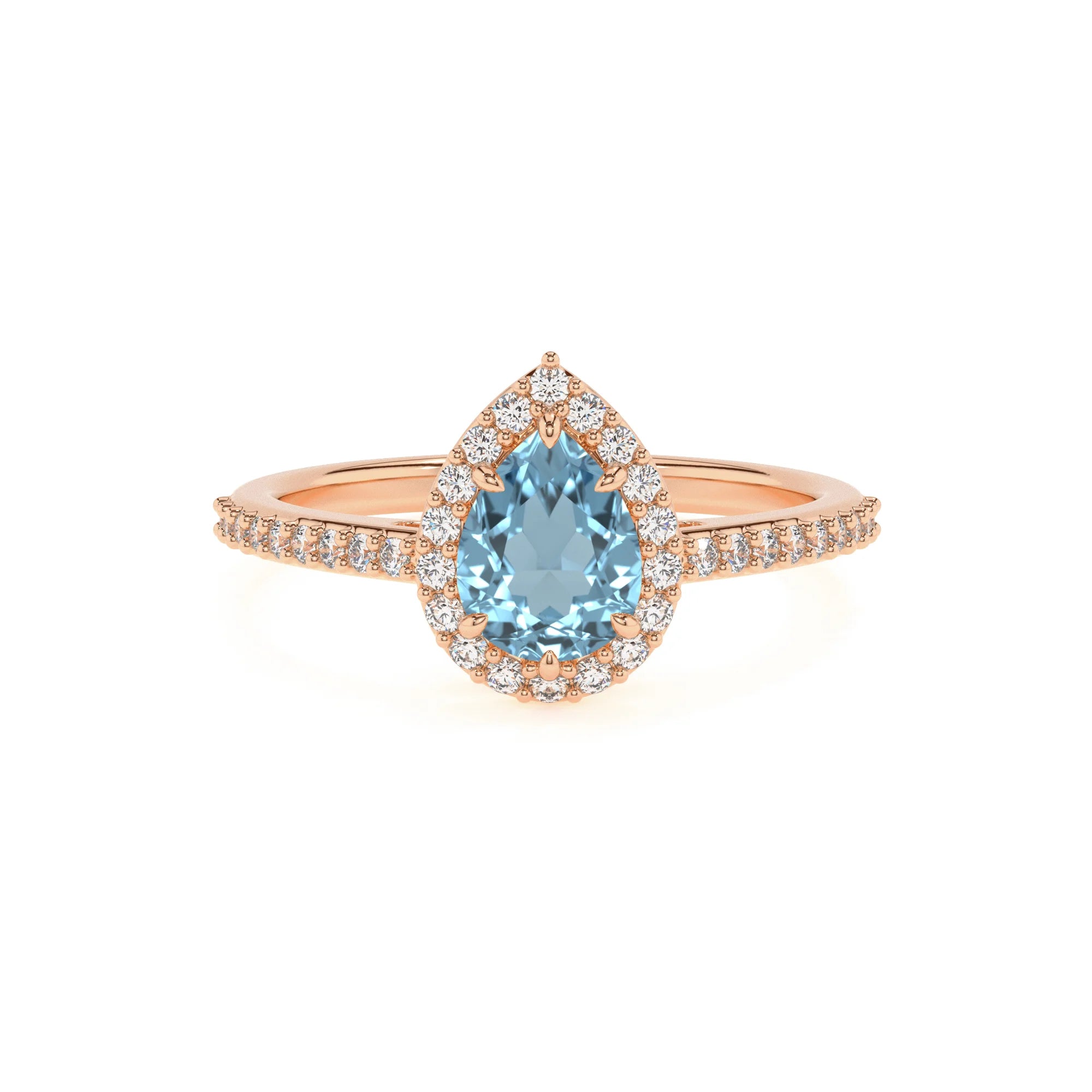 lab grown aquamarine pear solitaire rings in rose gold