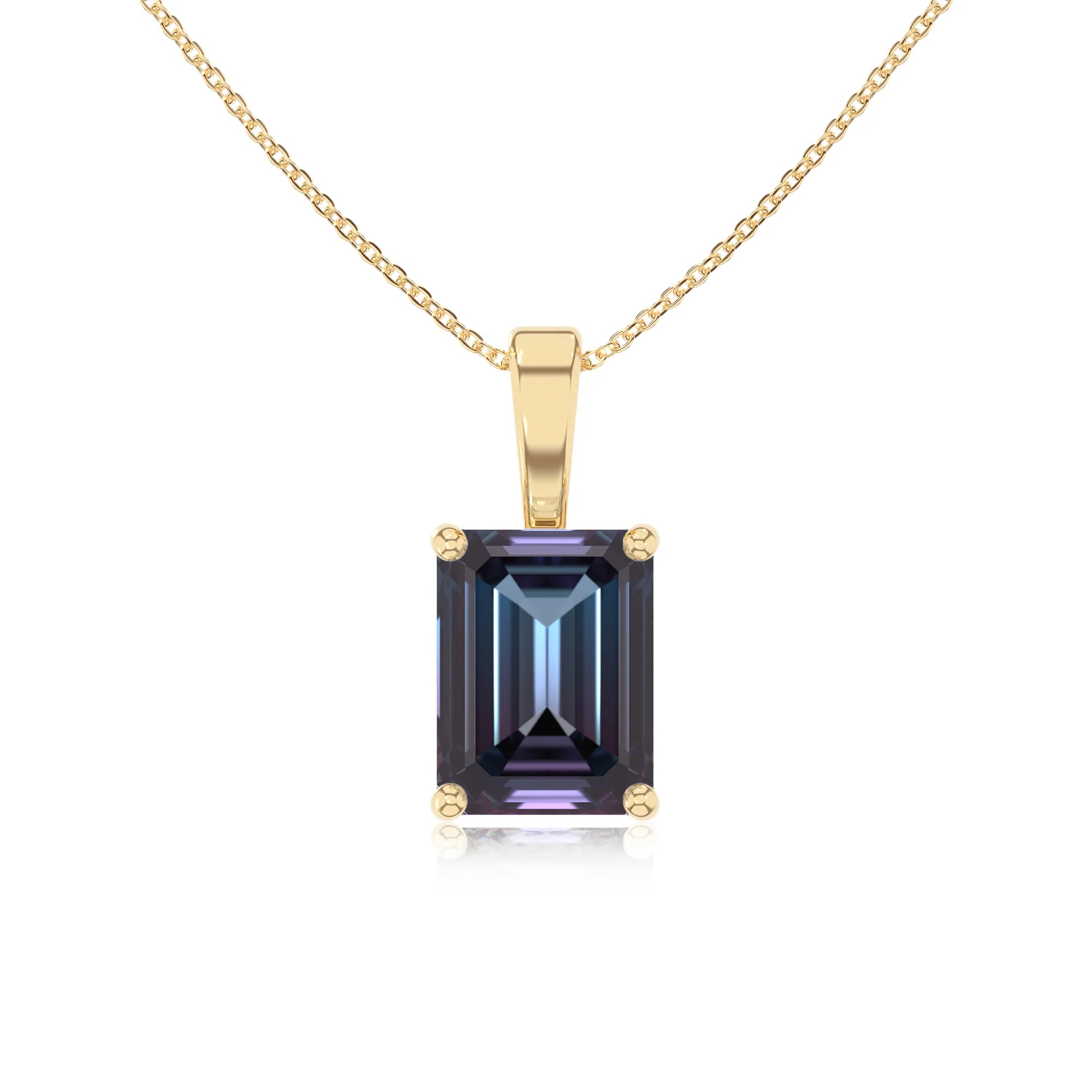 lab grown alexandrite emerald cut solitaire necklaces in yellow gold