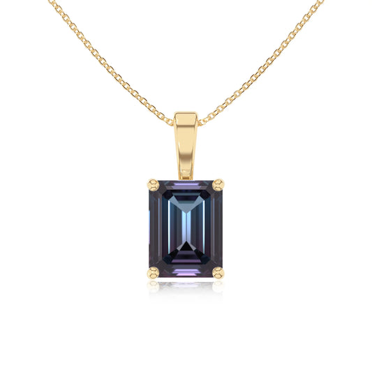 lab grown alexandrite emerald cut solitaire necklaces in yellow gold