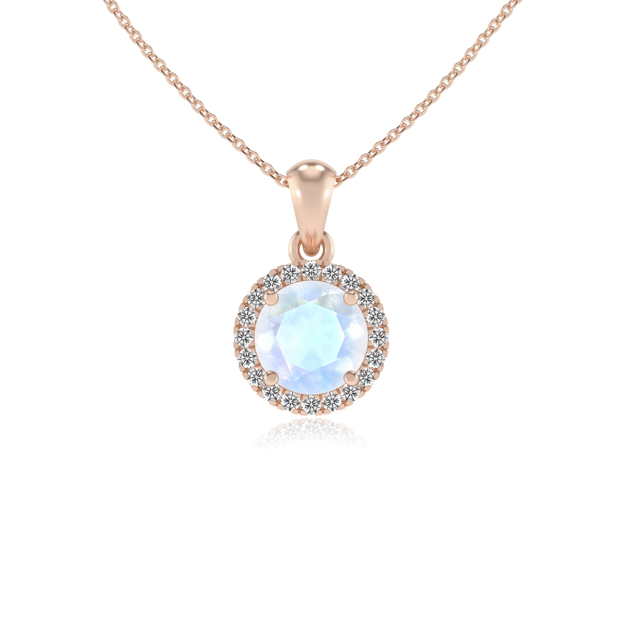 natural rainbow-moonstone round solitaire necklaces in rose gold
