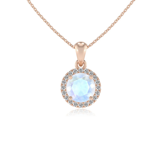 natural rainbow-moonstone round solitaire necklaces in rose gold