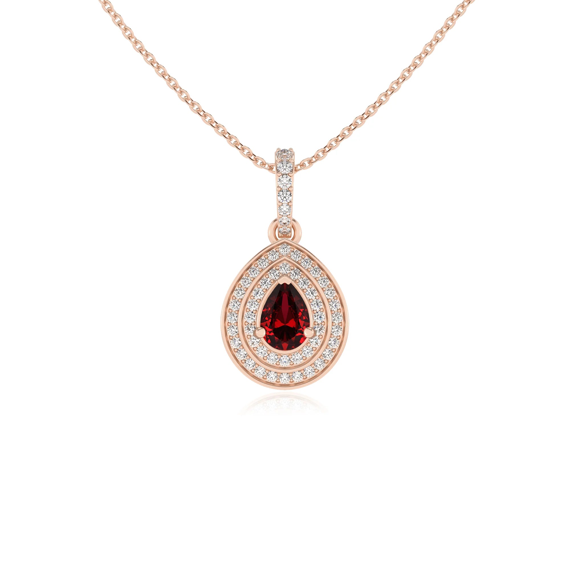 lab grown ruby pear halo necklaces in rose gold