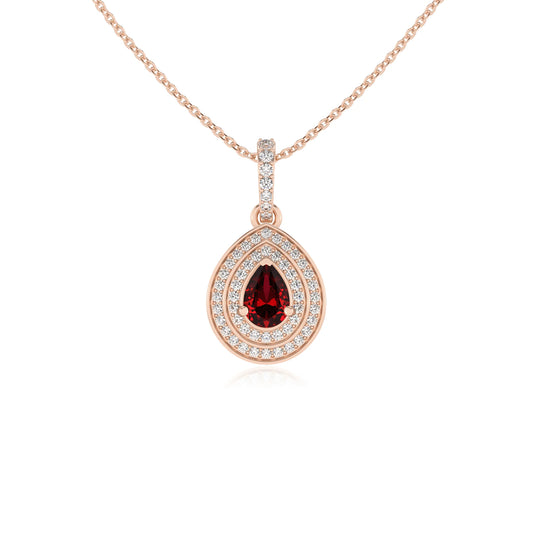 lab grown ruby pear halo necklaces in rose gold