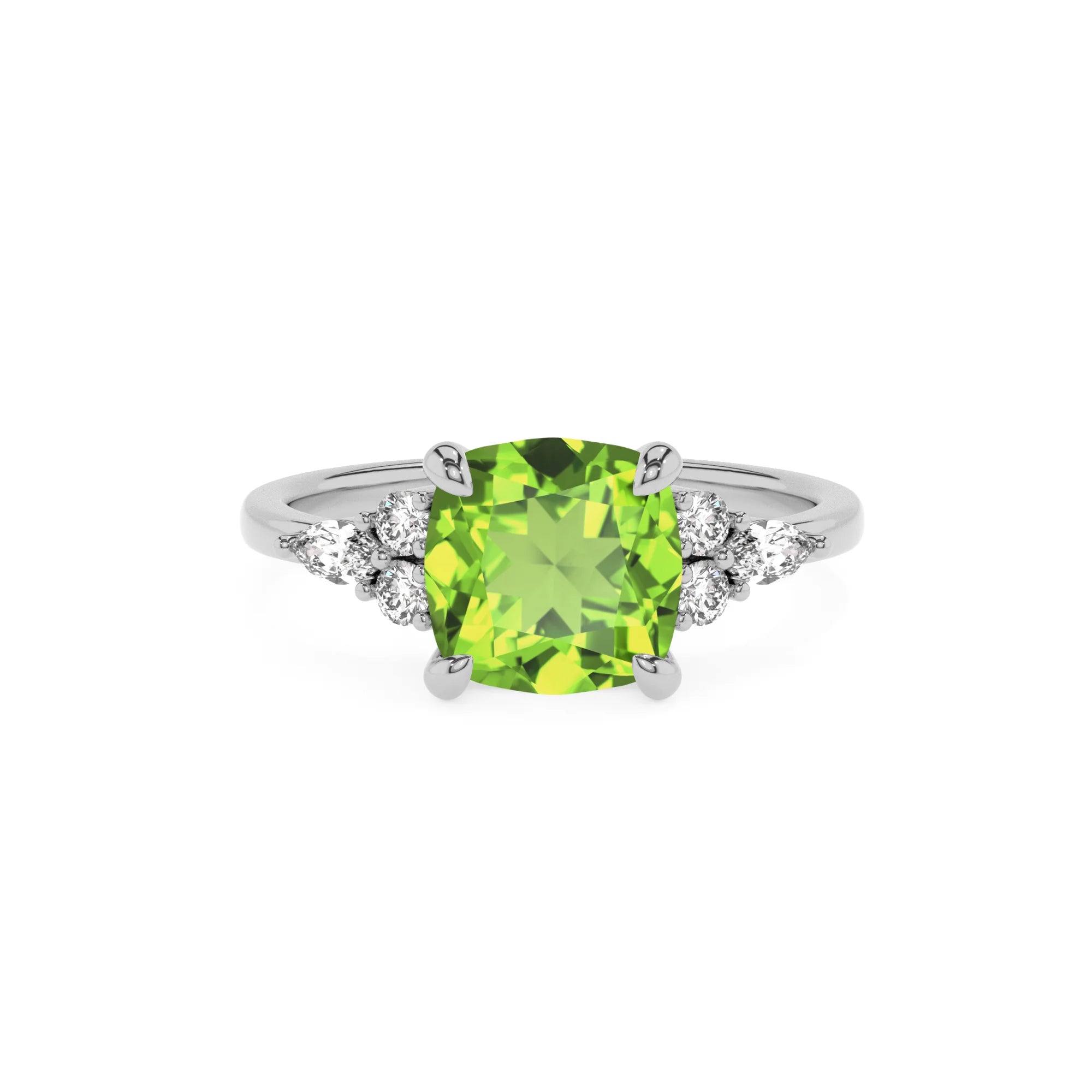natural peridot cushion solitaire rings in white gold