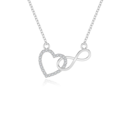lab grown moissanite round infinity necklaces in sterling silver