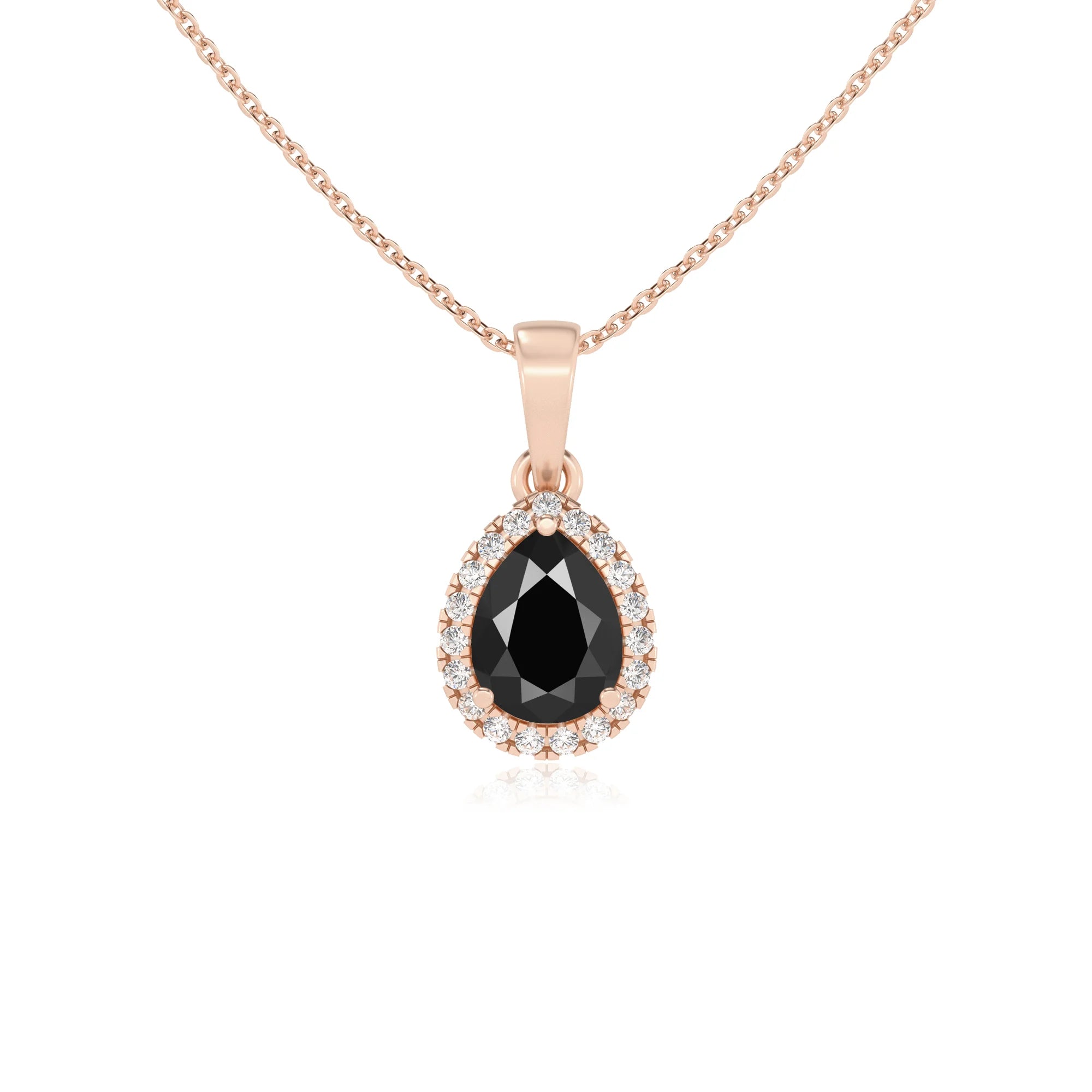 natural black-onyx pear solitaire necklaces in rose gold