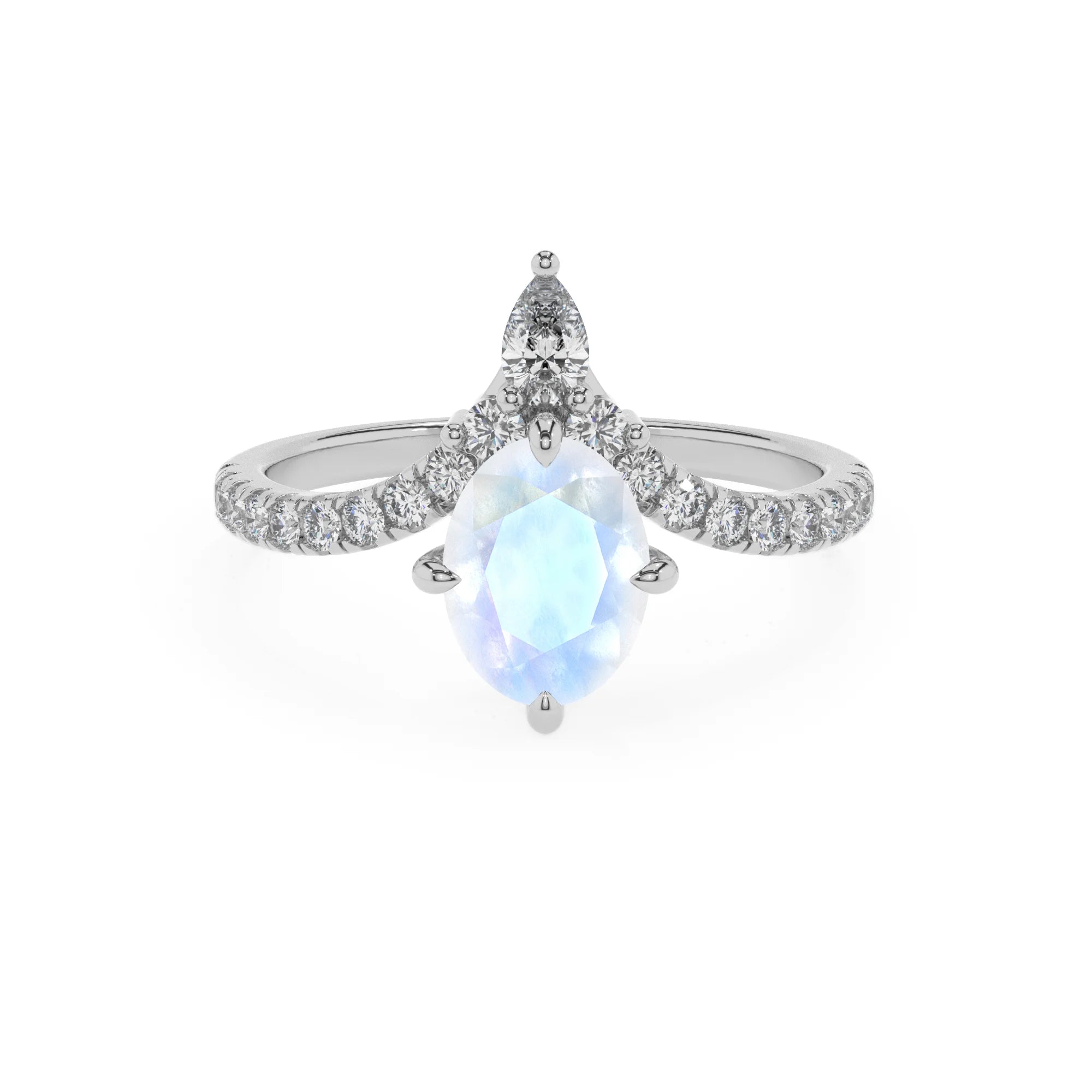 natural rainbow-moonstone oval solitaire rings in white gold