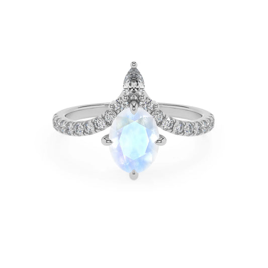 natural rainbow-moonstone oval solitaire rings in white gold