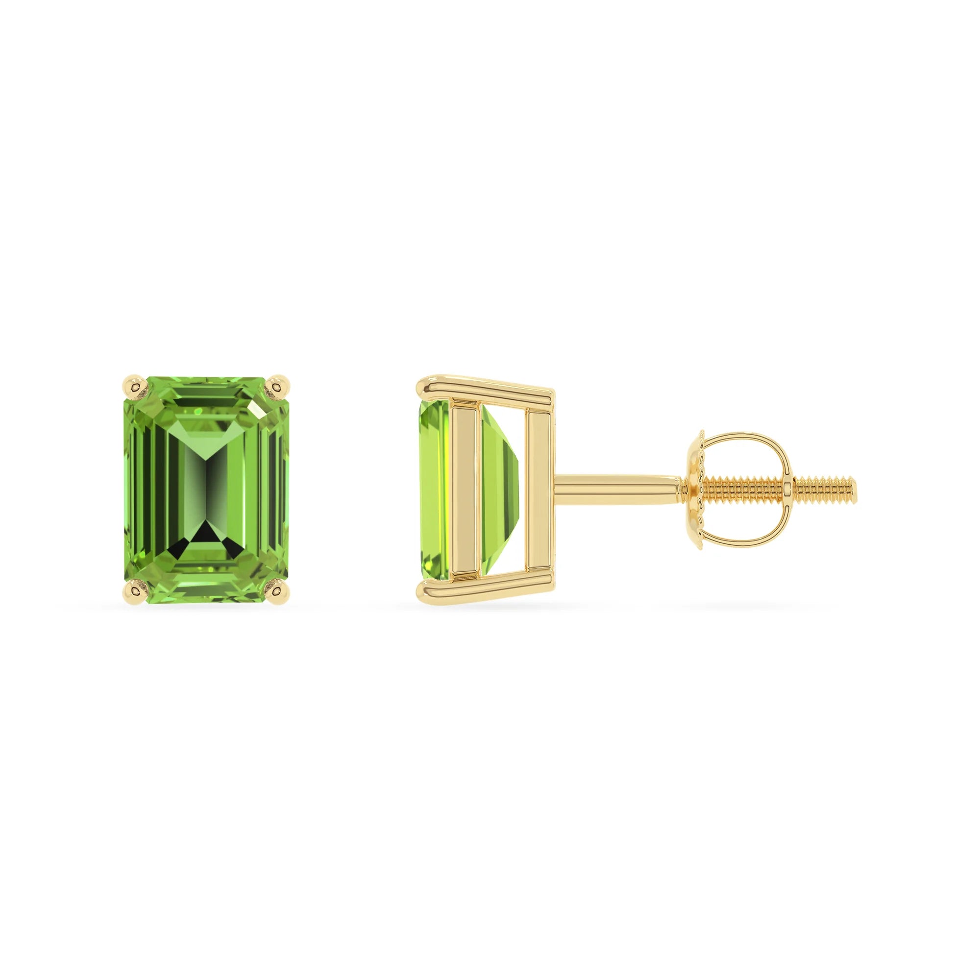 natural peridot emerald cut stud earrings in yellow gold