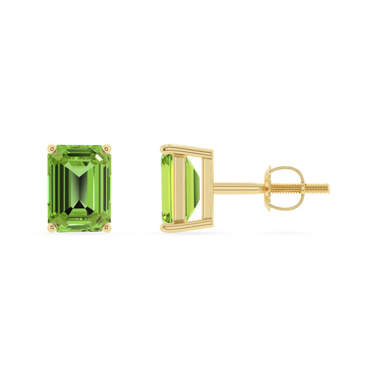 natural peridot emerald cut stud earrings in yellow gold