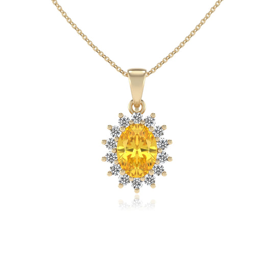 lab grown yellow-sapphire oval halo necklaces in yellow gold