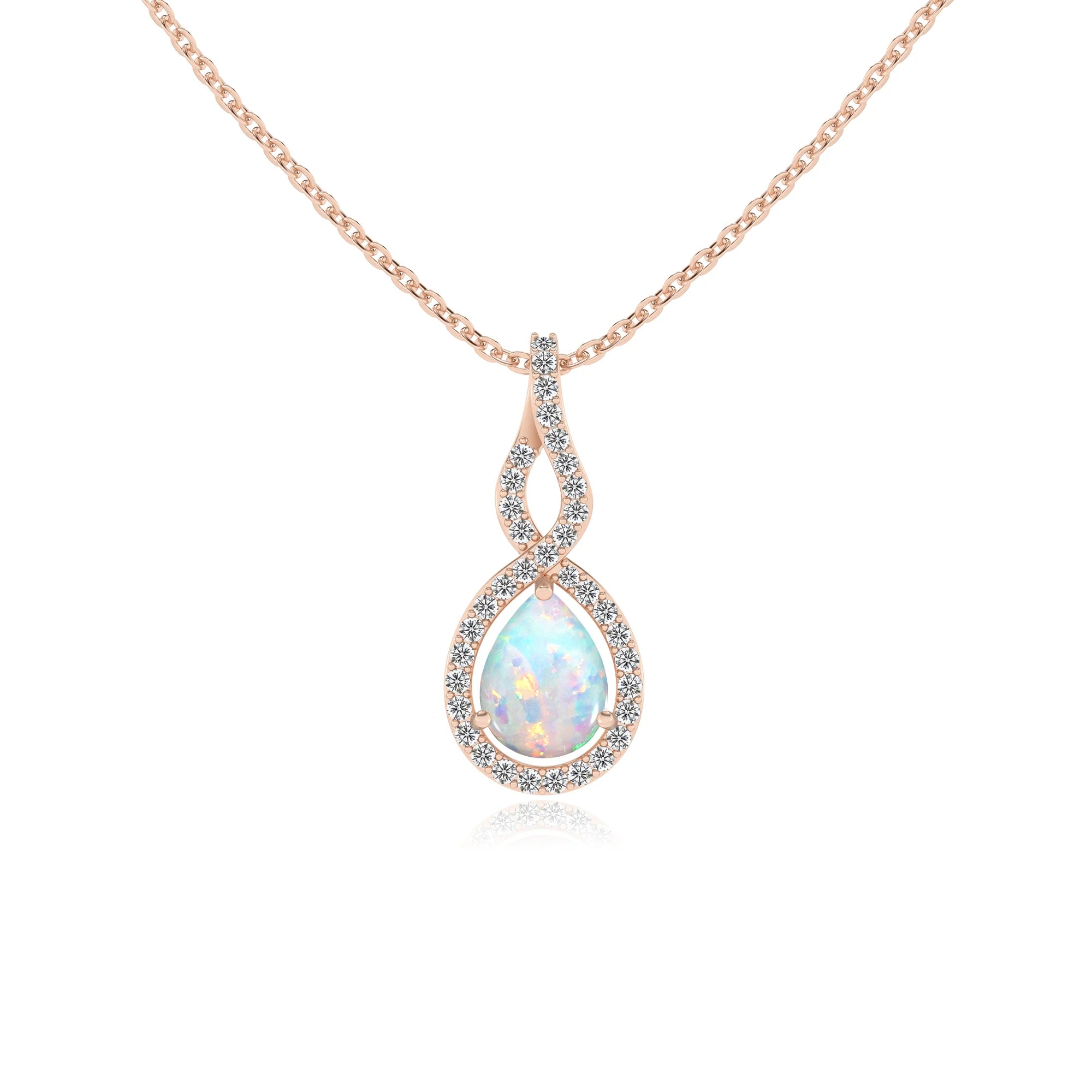 lab grown opal pear necklaces in rose gold