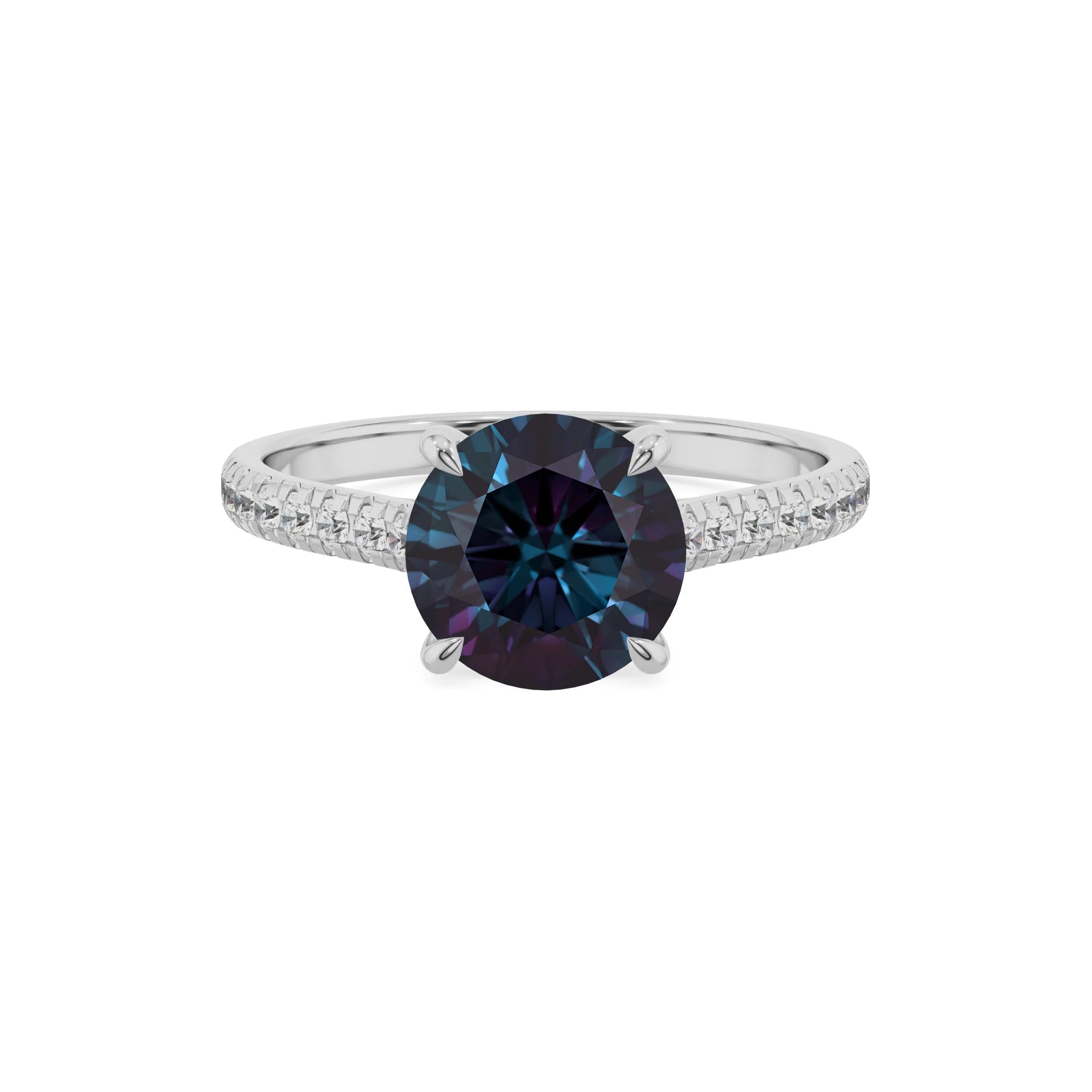 lab grown alexandrite round half eternity solitaire engagement rings in white gold