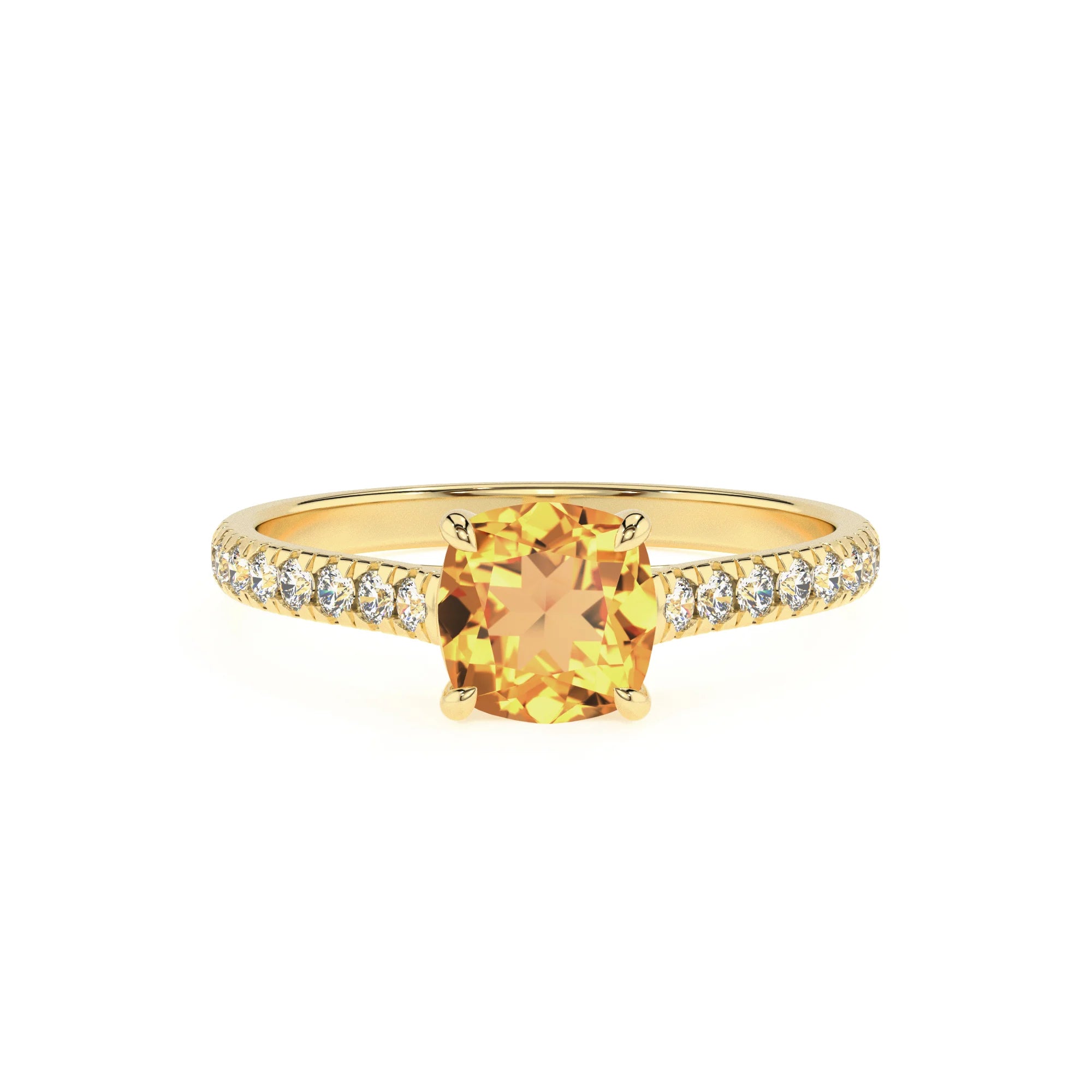 lab grown citrine cushion half eternity solitaire engagement rings in yellow gold