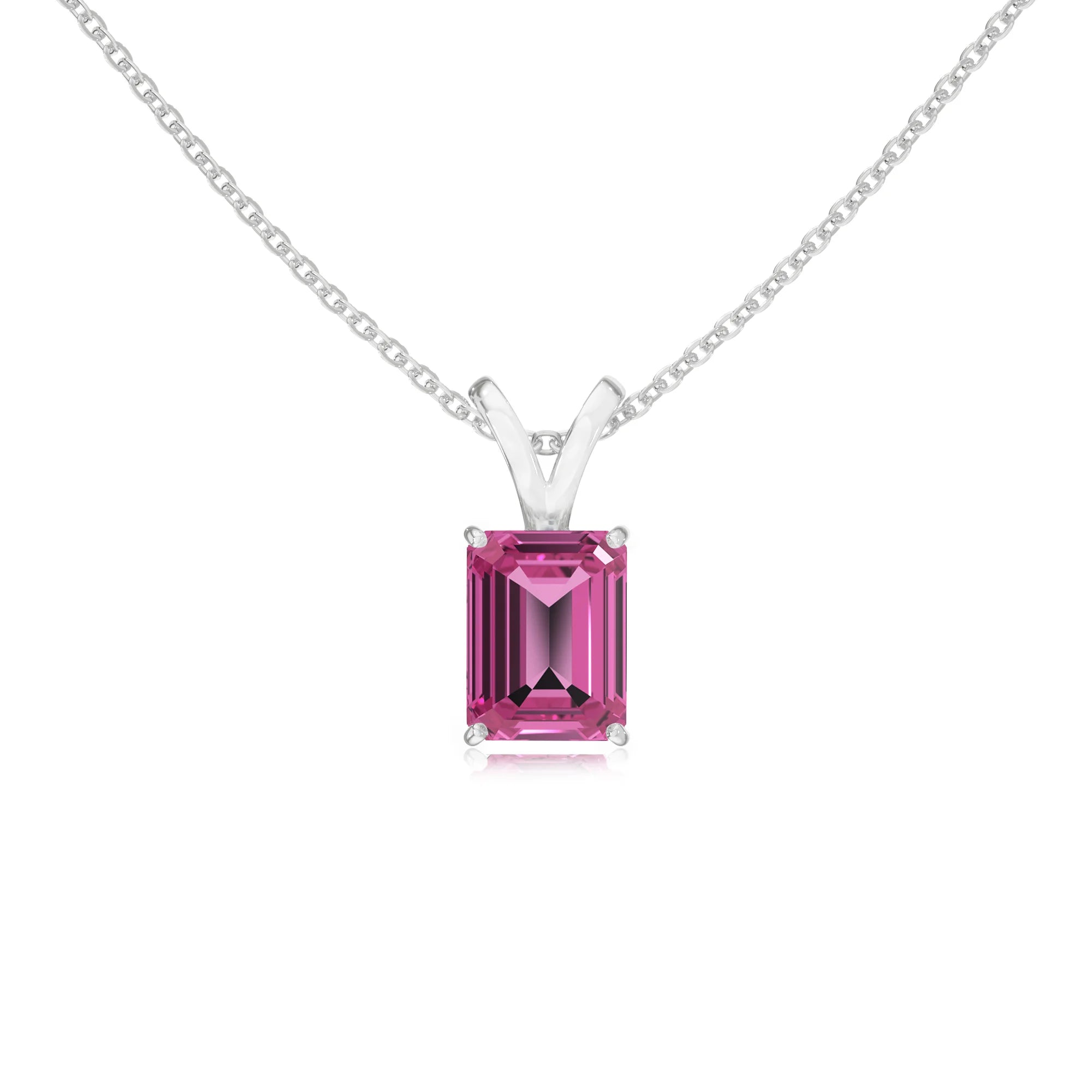 lab grown pink-sapphire emerald cut solitaire v-bale necklaces in sterling silver