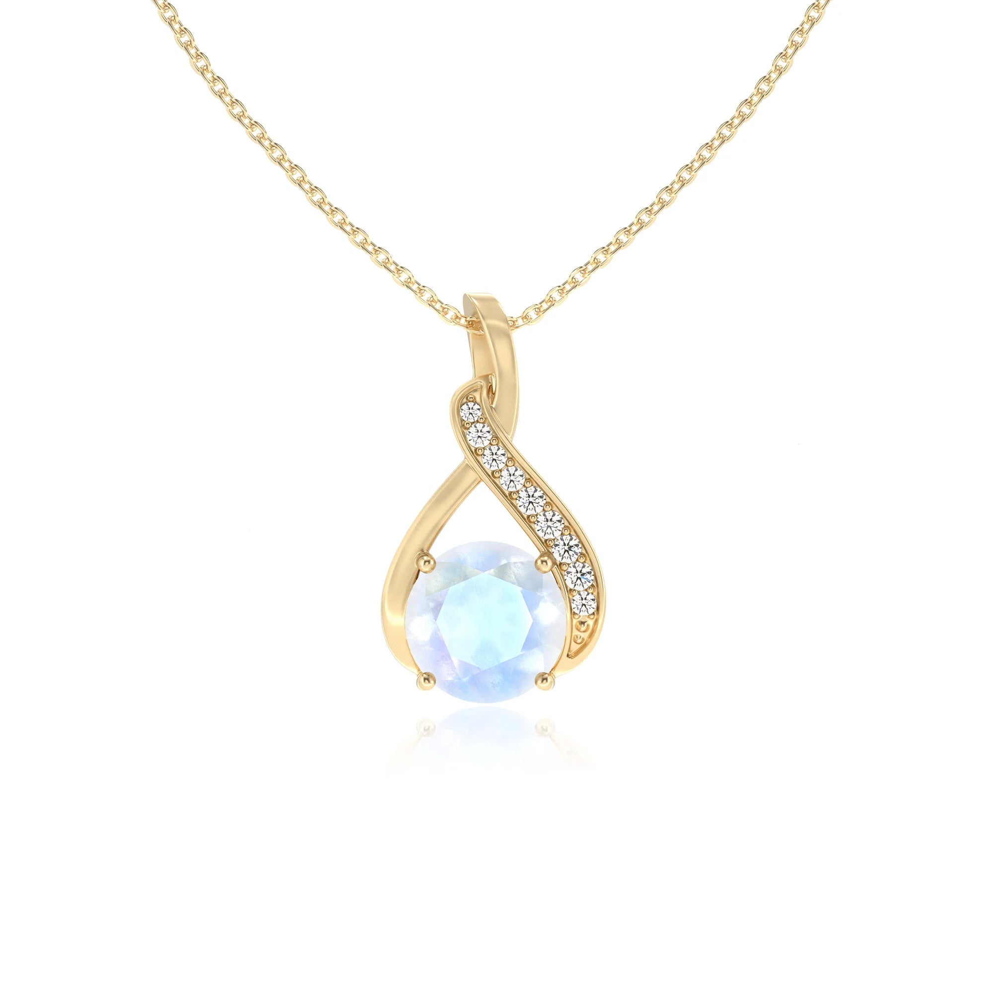 natural rainbow-moonstone round solitaire necklaces in yellow gold