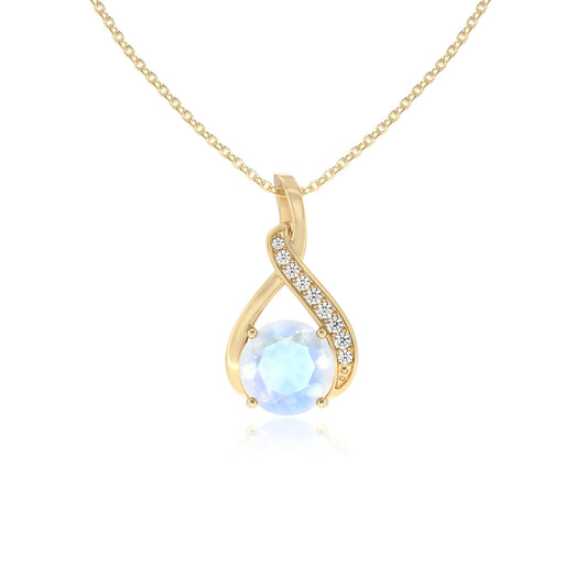 natural rainbow-moonstone round solitaire necklaces in yellow gold