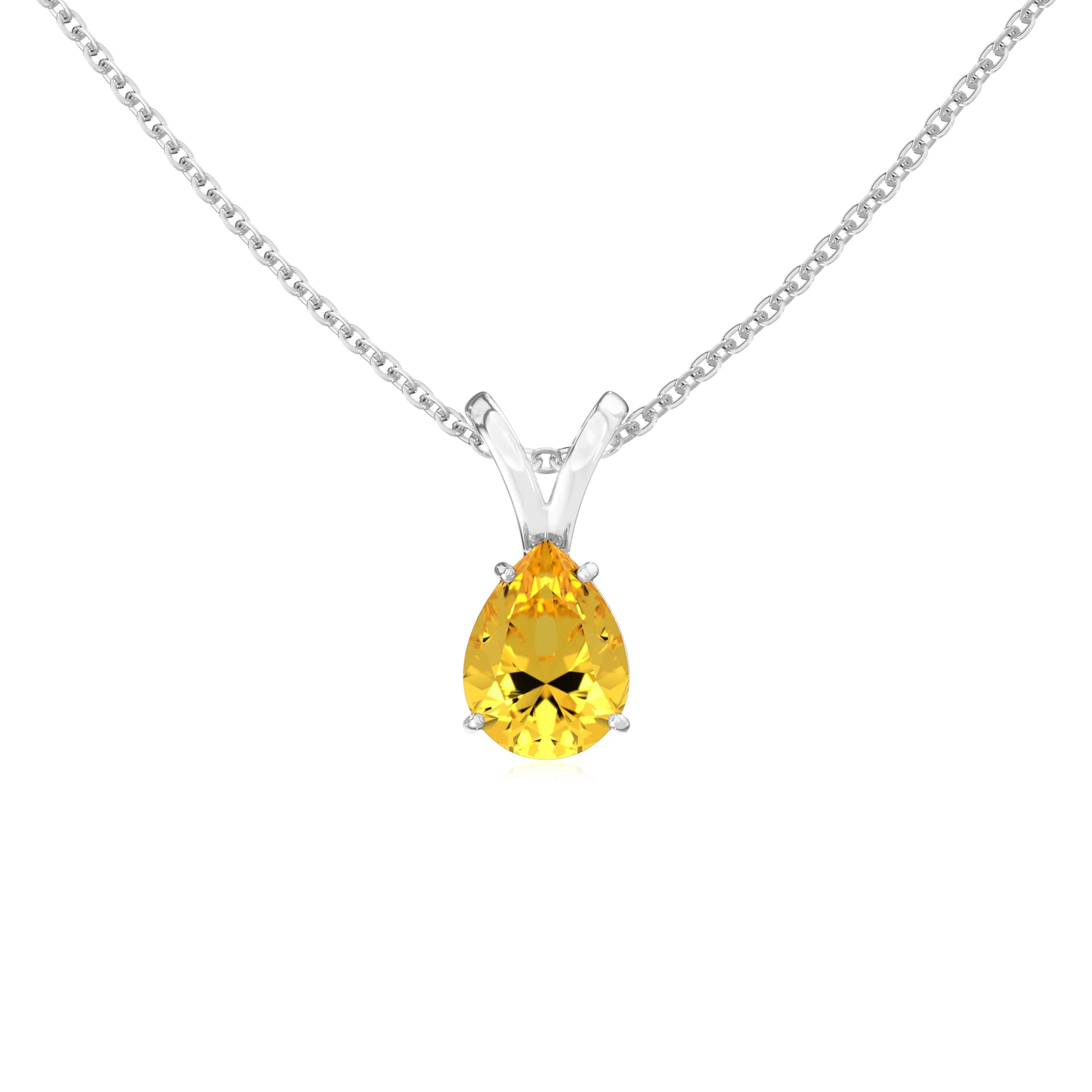 lab grown yellow-sapphire pear solitaire v-bale necklaces in white gold
